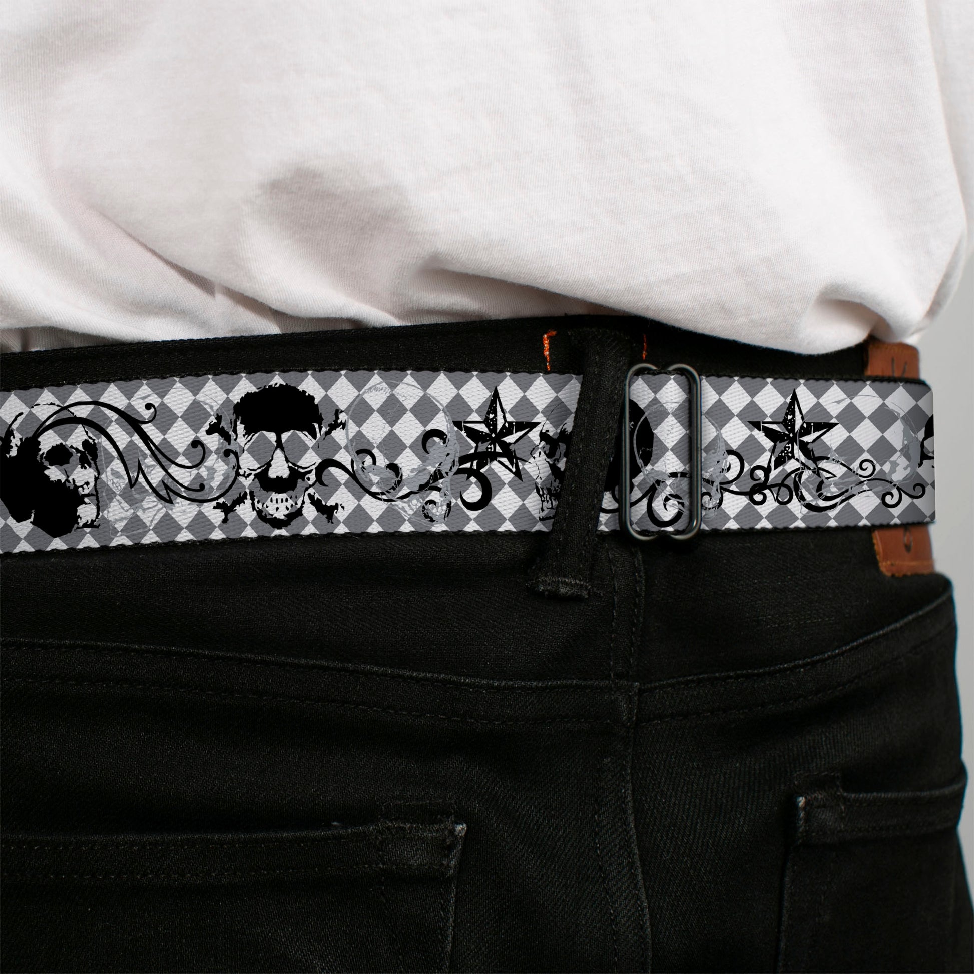 BD Wings Logo CLOSE-UP Full Color Black Silver Seatbelt Belt - Diamonds White/Gray w/Skulls Webbing Seatbelt Belts Buckle-Down