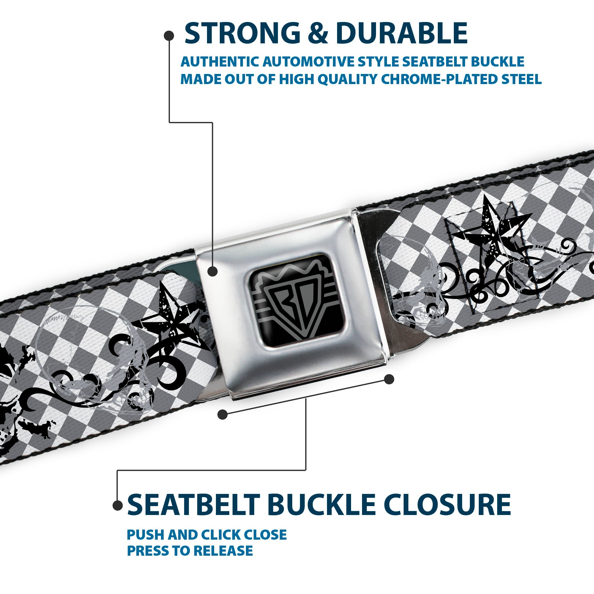 BD Wings Logo CLOSE-UP Full Color Black Silver Seatbelt Belt - Diamonds White/Gray w/Skulls Webbing Seatbelt Belts Buckle-Down