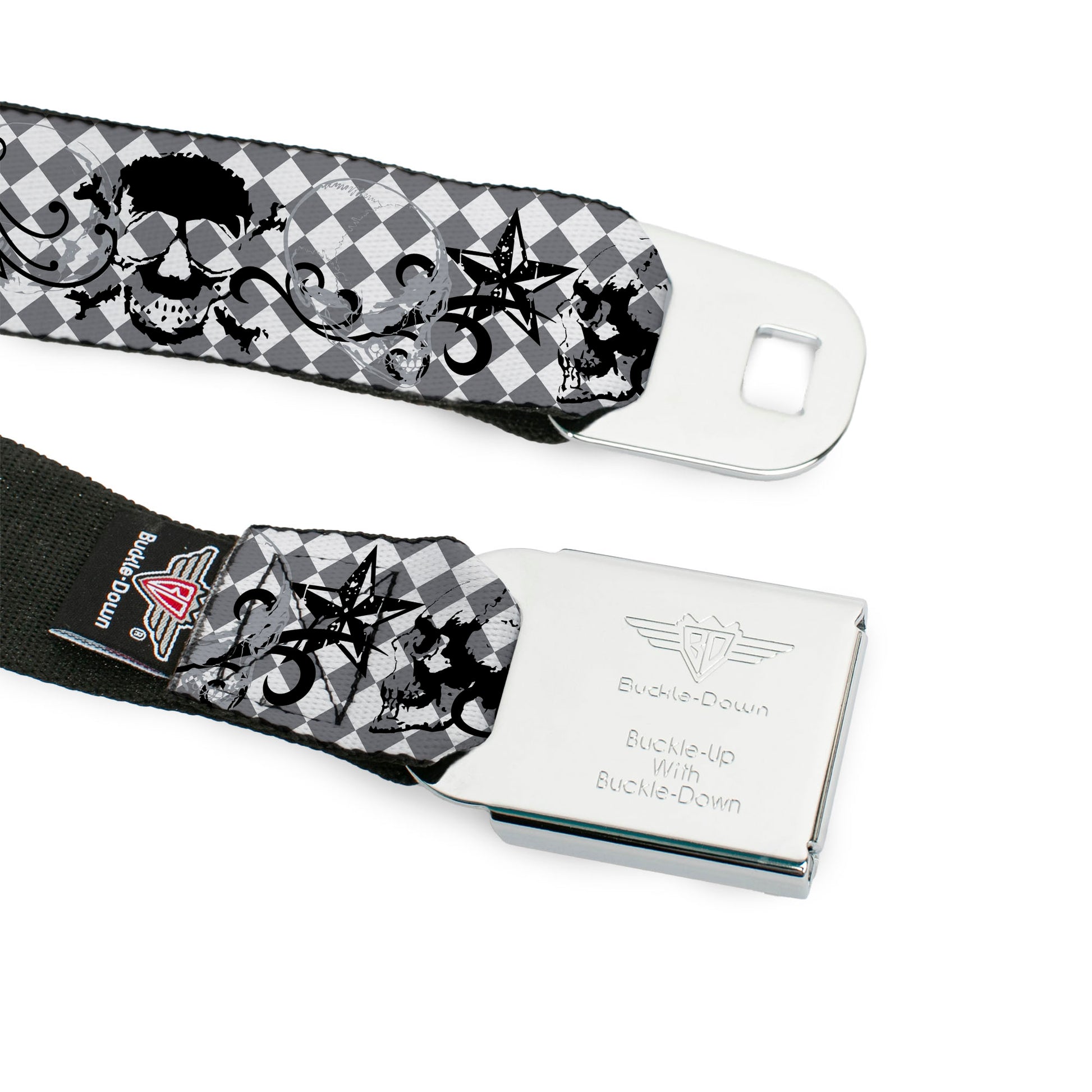 BD Wings Logo CLOSE-UP Full Color Black Silver Seatbelt Belt - Diamonds White/Gray w/Skulls Webbing Seatbelt Belts Buckle-Down