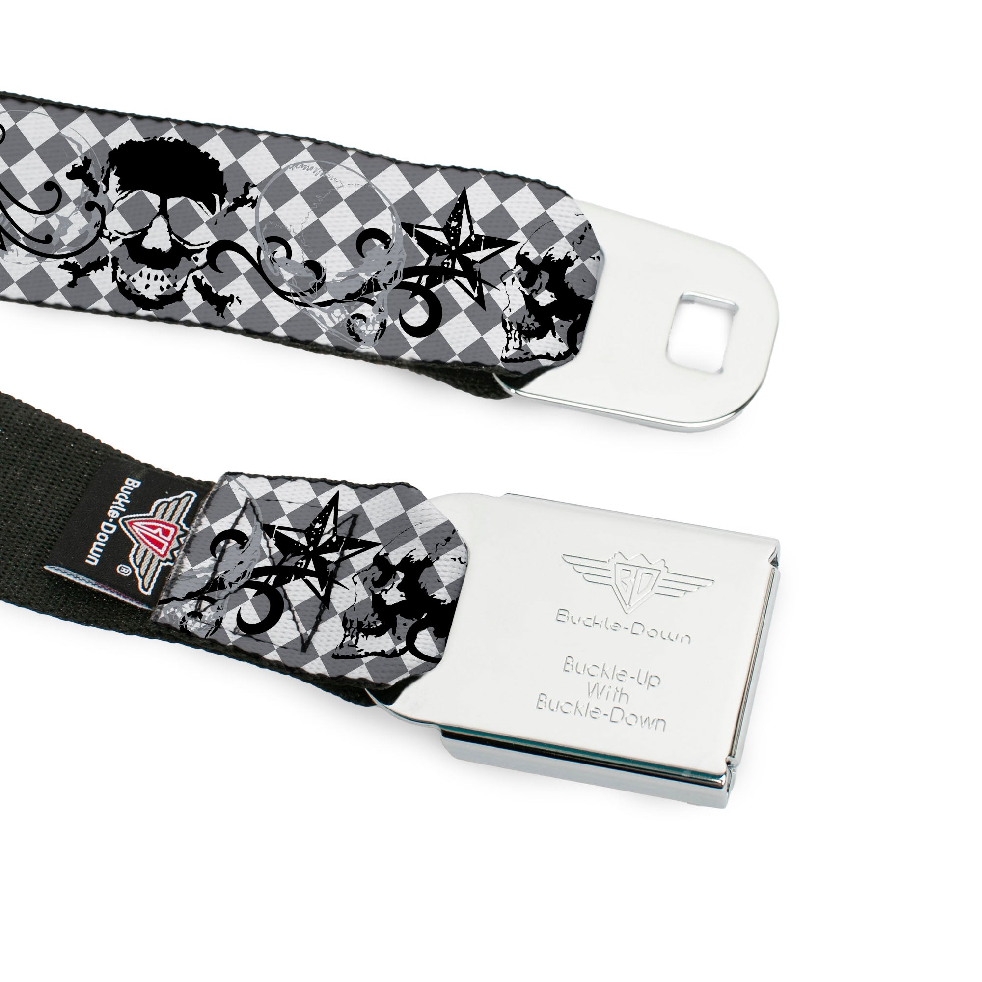 BD Wings Logo CLOSE-UP Full Color Black Silver Seatbelt Belt - Diamonds White/Gray w/Skulls Webbing Seatbelt Belts Buckle-Down