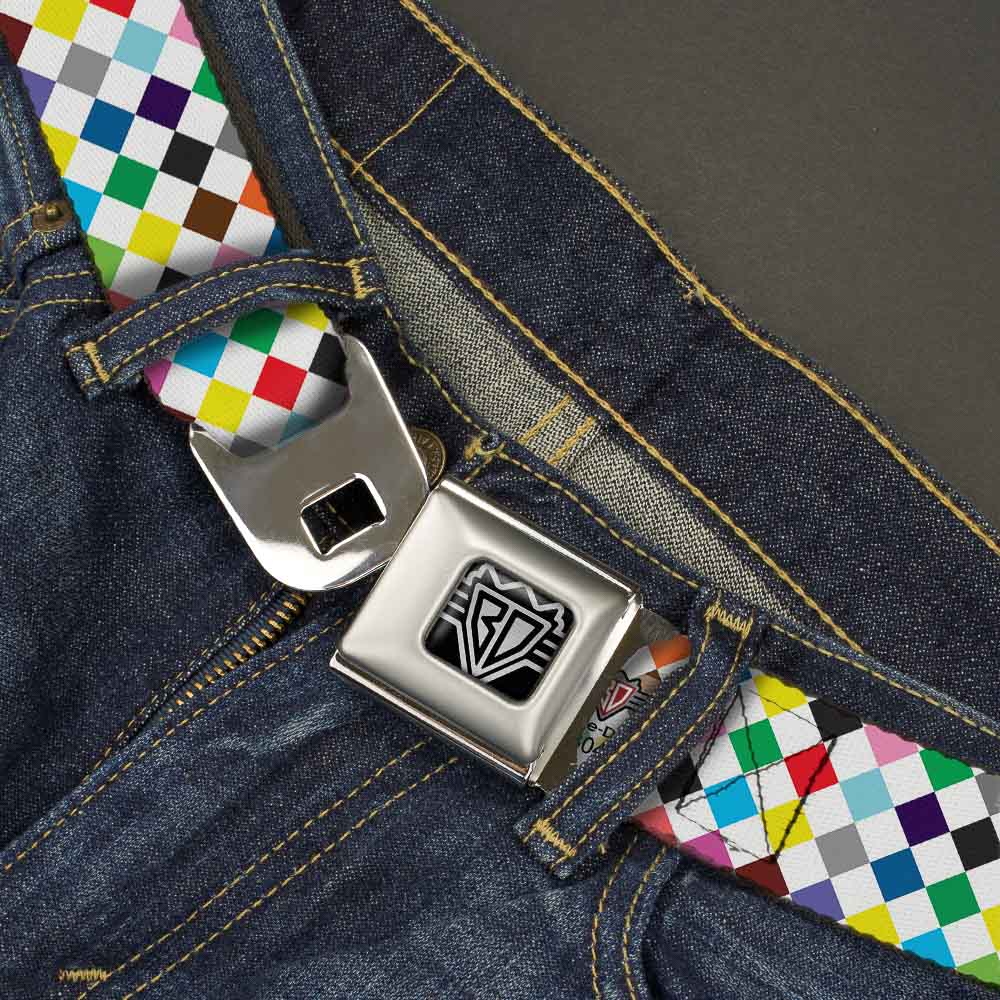 BD Wings Logo CLOSE-UP Full Color Black Silver Seatbelt Belt - Diamonds White/Multi Color Webbing Seatbelt Belts Buckle-Down