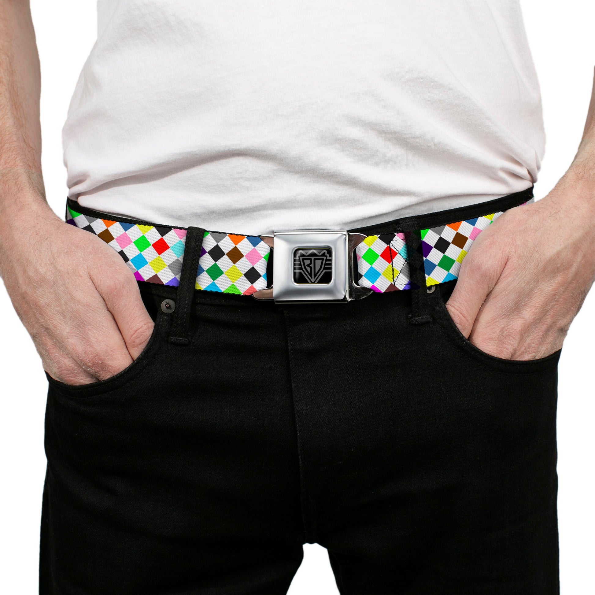 BD Wings Logo CLOSE-UP Full Color Black Silver Seatbelt Belt - Diamonds White/Multi Color Webbing Seatbelt Belts Buckle-Down