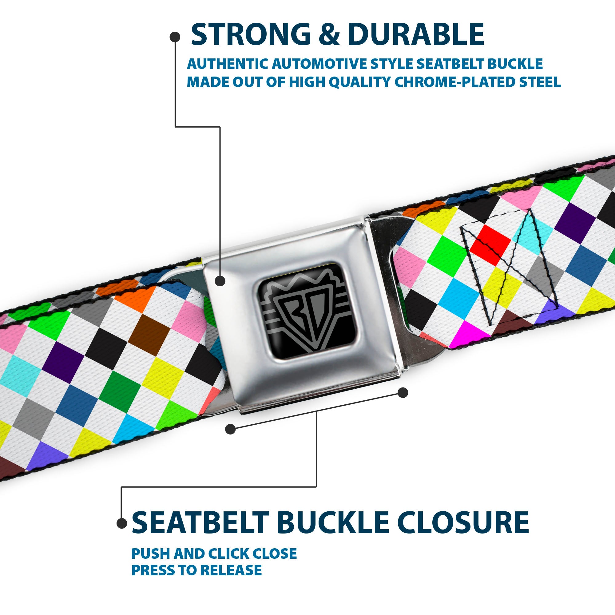 BD Wings Logo CLOSE-UP Full Color Black Silver Seatbelt Belt - Diamonds White/Multi Color Webbing Seatbelt Belts Buckle-Down