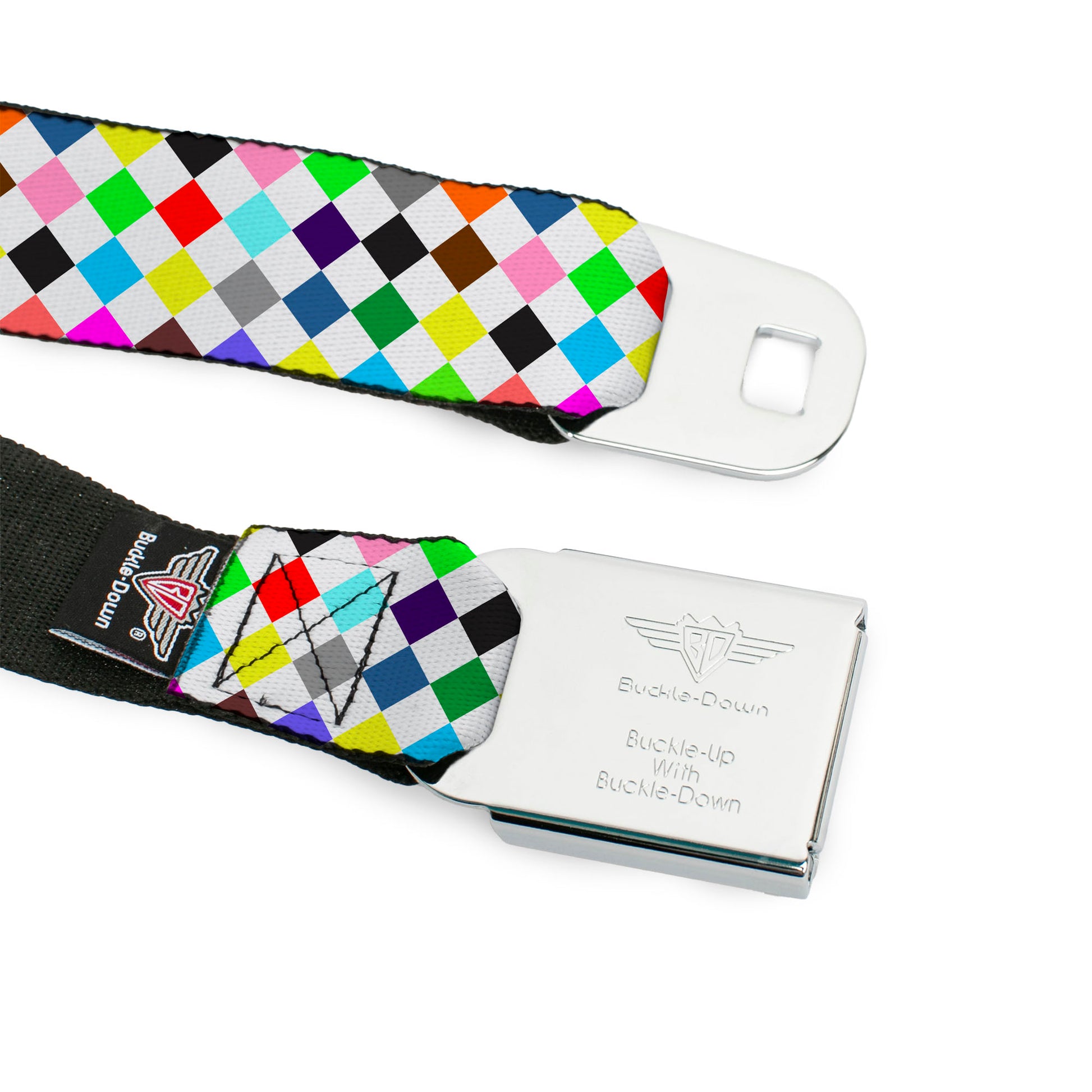 BD Wings Logo CLOSE-UP Full Color Black Silver Seatbelt Belt - Diamonds White/Multi Color Webbing Seatbelt Belts Buckle-Down