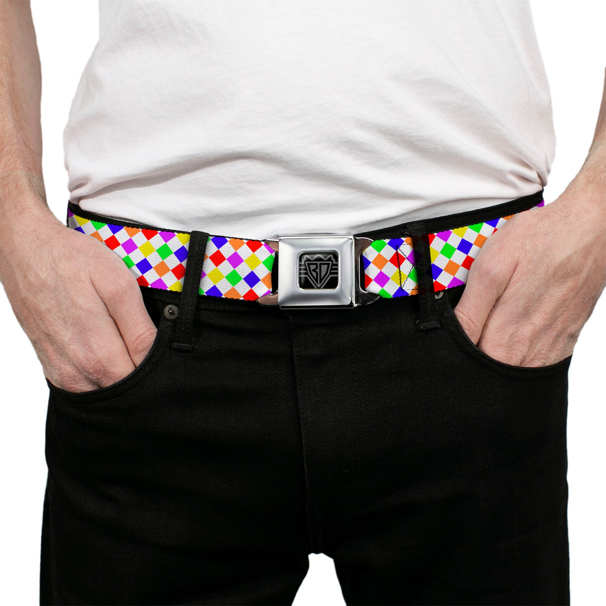 BD Wings Logo CLOSE-UP Full Color Black Silver Seatbelt Belt - Diamonds White/Multi Neon Webbing Seatbelt Belts Buckle-Down