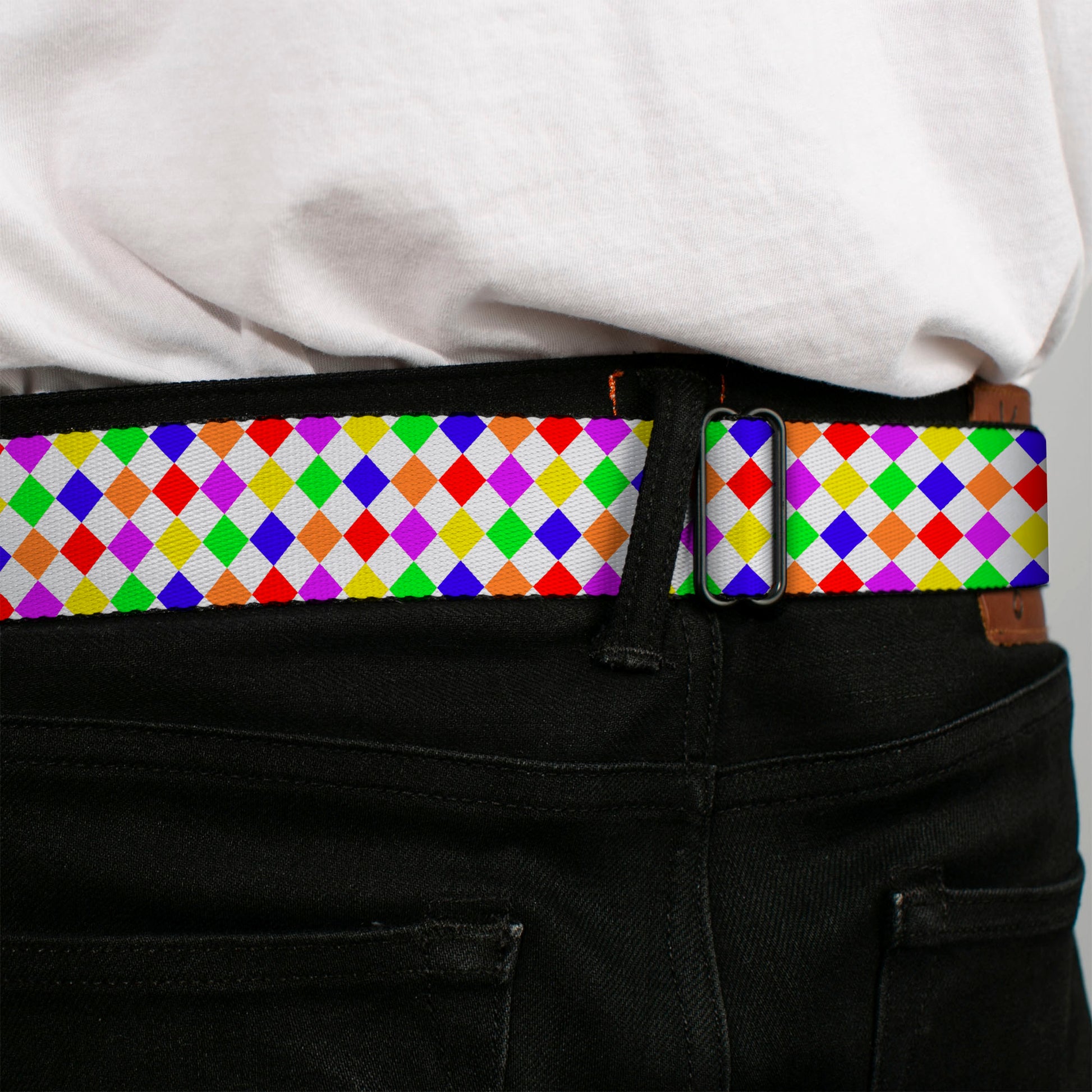 BD Wings Logo CLOSE-UP Full Color Black Silver Seatbelt Belt - Diamonds White/Multi Neon Webbing Seatbelt Belts Buckle-Down