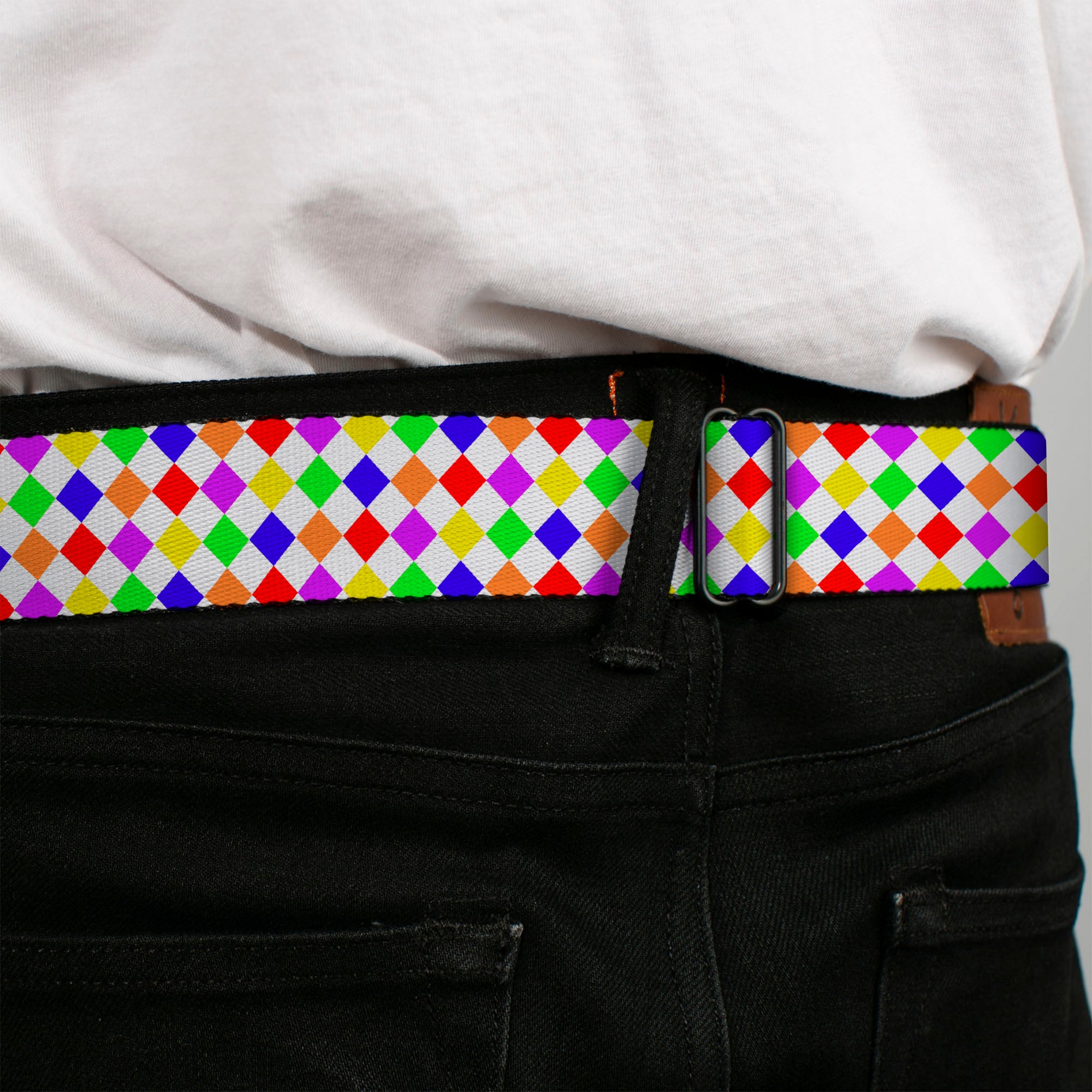 BD Wings Logo CLOSE-UP Full Color Black Silver Seatbelt Belt - Diamonds White/Multi Neon Webbing Seatbelt Belts Buckle-Down