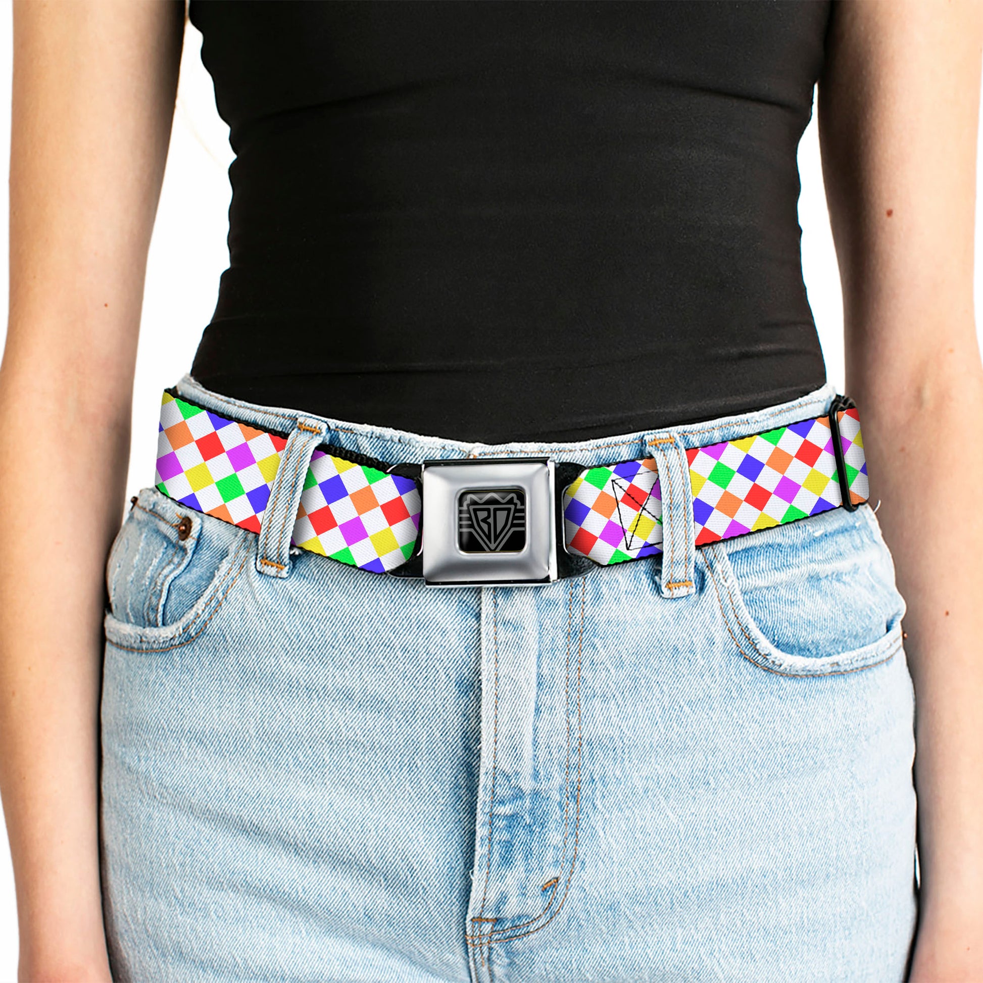 BD Wings Logo CLOSE-UP Full Color Black Silver Seatbelt Belt - Diamonds White/Multi Neon Webbing Seatbelt Belts Buckle-Down
