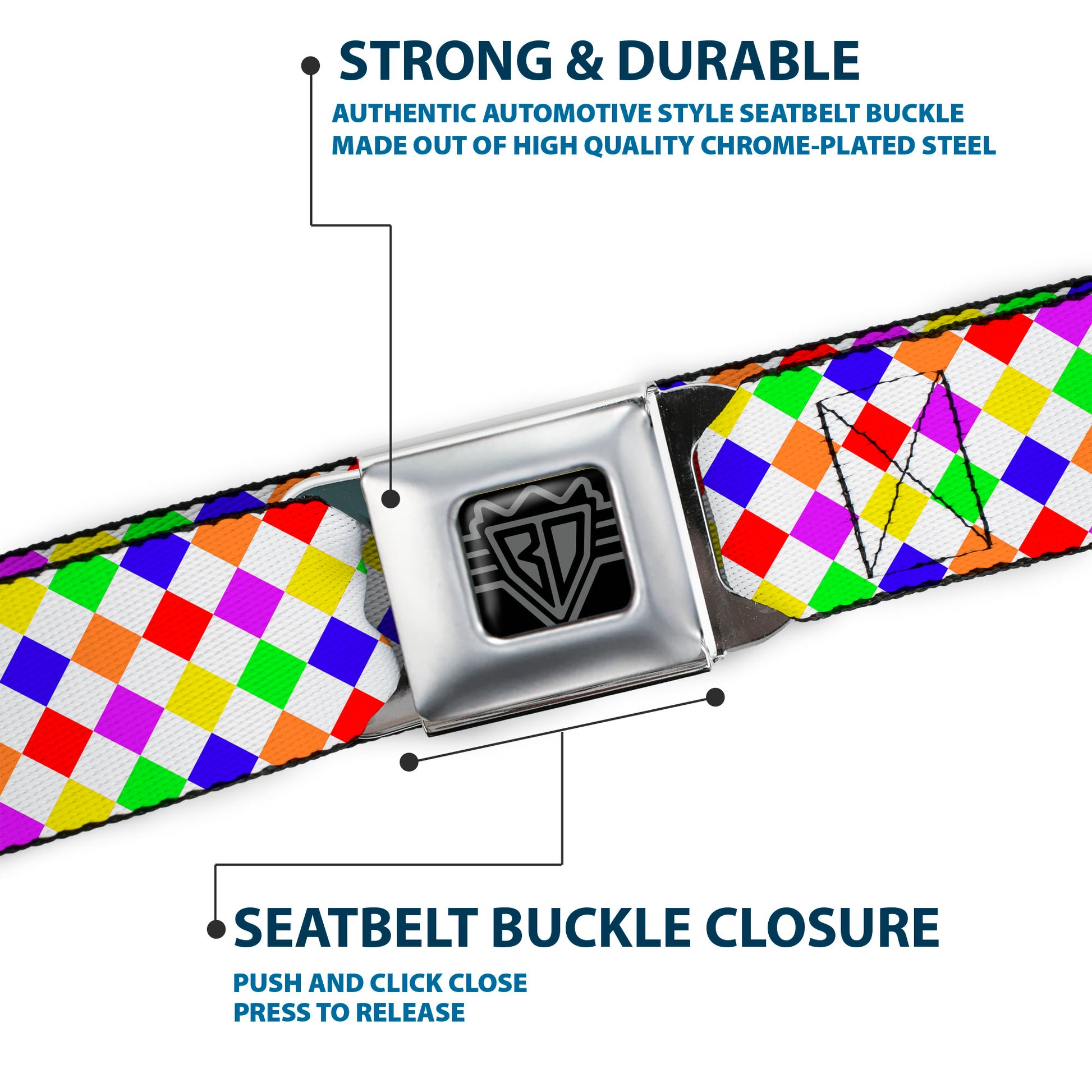 BD Wings Logo CLOSE-UP Full Color Black Silver Seatbelt Belt - Diamonds White/Multi Neon Webbing Seatbelt Belts Buckle-Down