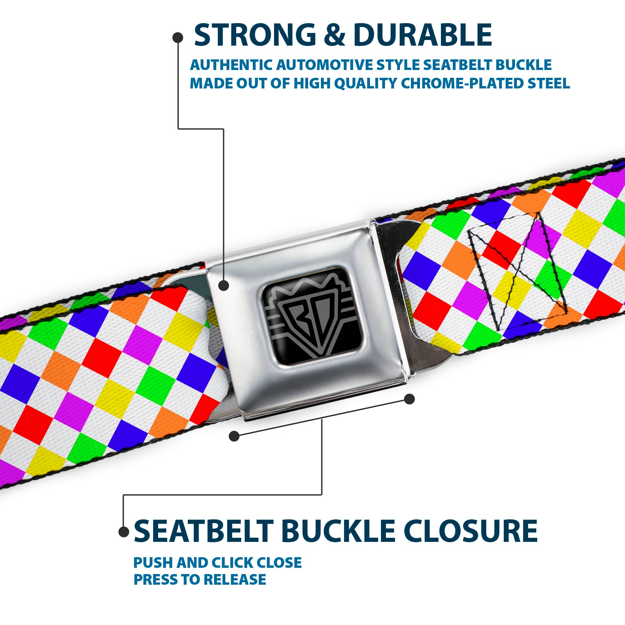 BD Wings Logo CLOSE-UP Full Color Black Silver Seatbelt Belt - Diamonds White/Multi Neon Webbing Seatbelt Belts Buckle-Down