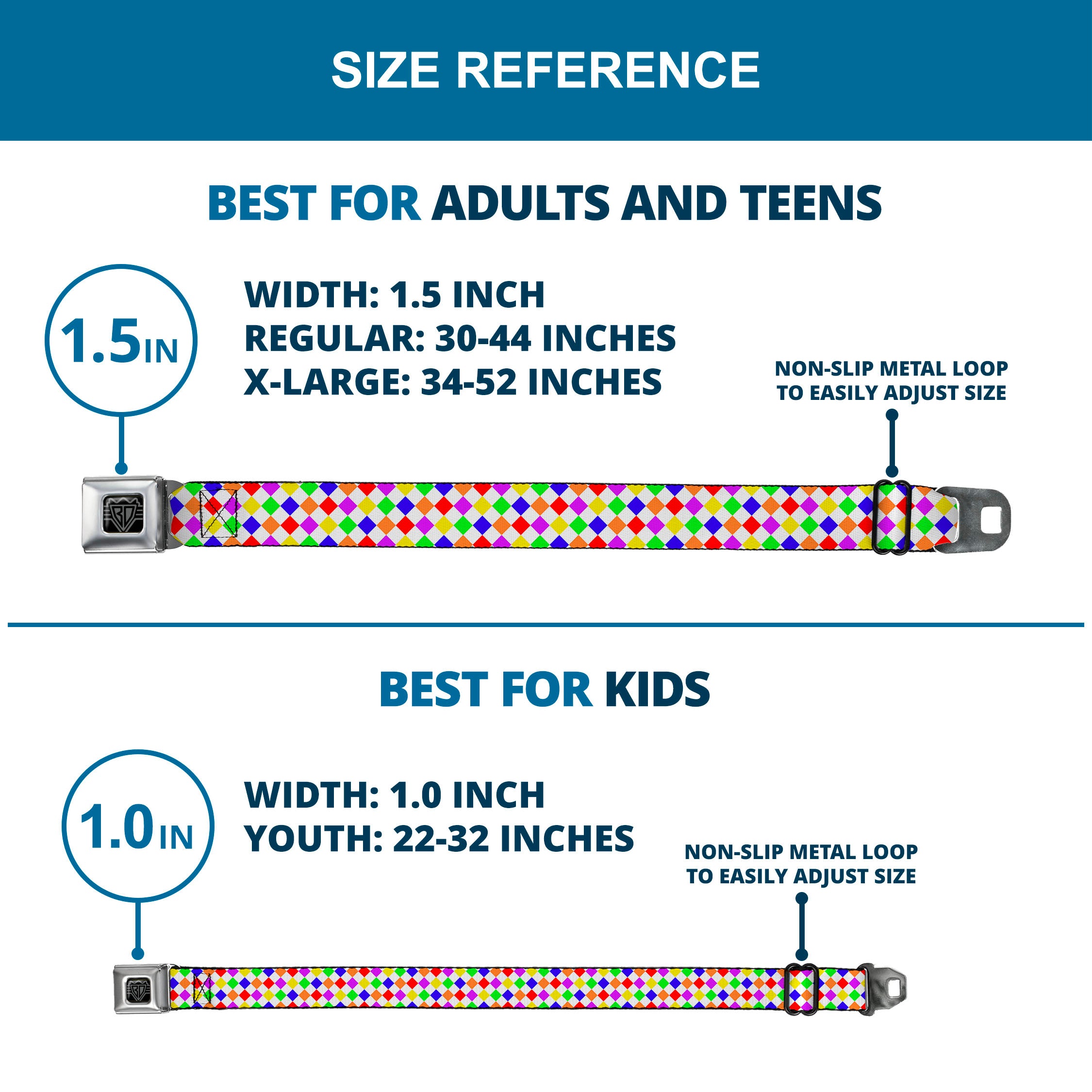 BD Wings Logo CLOSE-UP Full Color Black Silver Seatbelt Belt - Diamonds White/Multi Neon Webbing Seatbelt Belts Buckle-Down