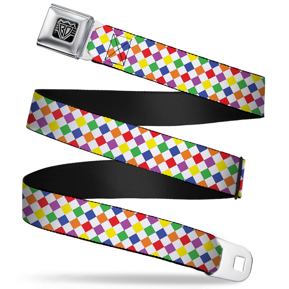 BD Wings Logo CLOSE-UP Full Color Black Silver Seatbelt Belt - Diamonds White/Multi Neon Webbing Seatbelt Belts Buckle-Down