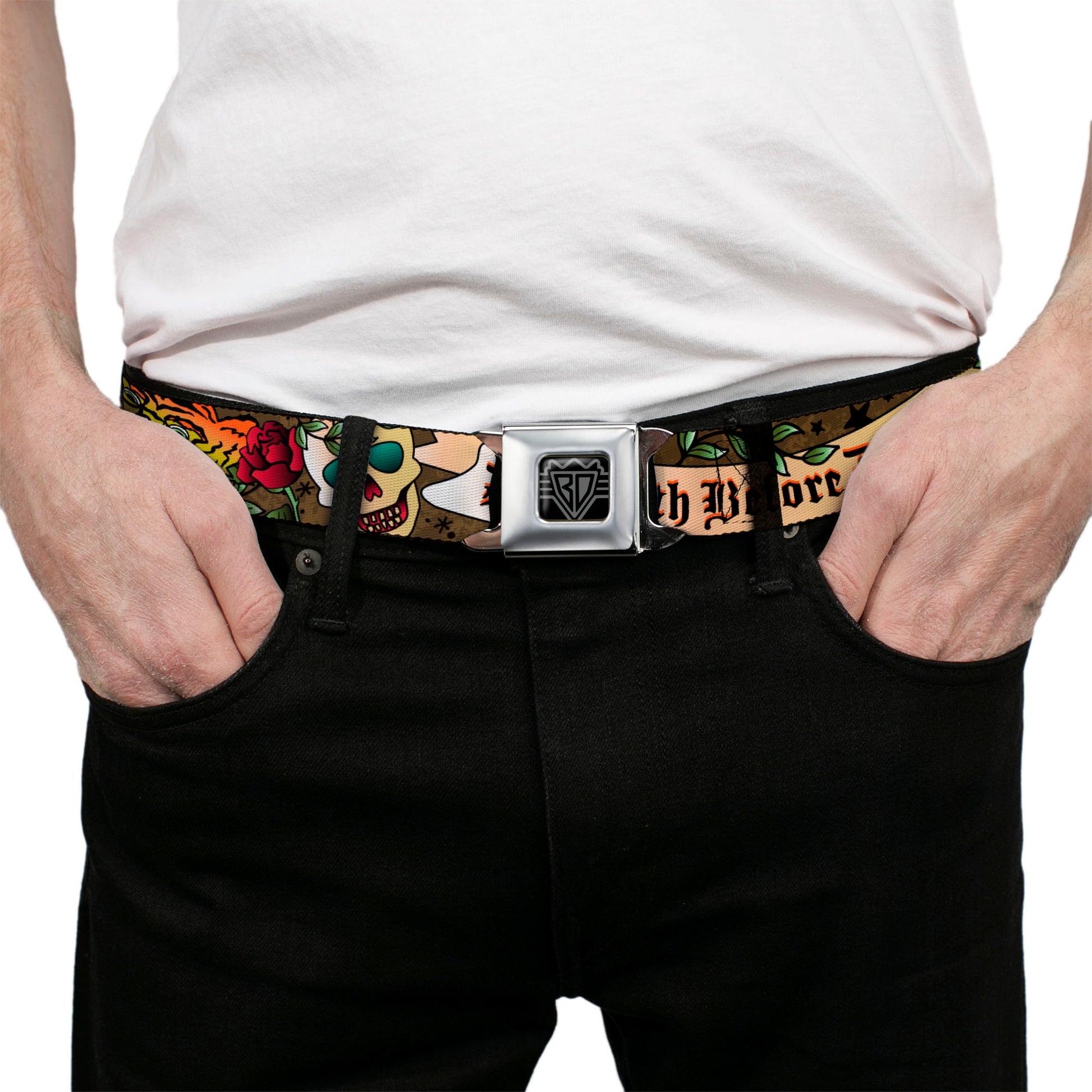BD Wings Logo CLOSE-UP Full Color Black Silver Seatbelt Belt - Death Before Dishonor Olive Webbing Seatbelt Belts Buckle-Down