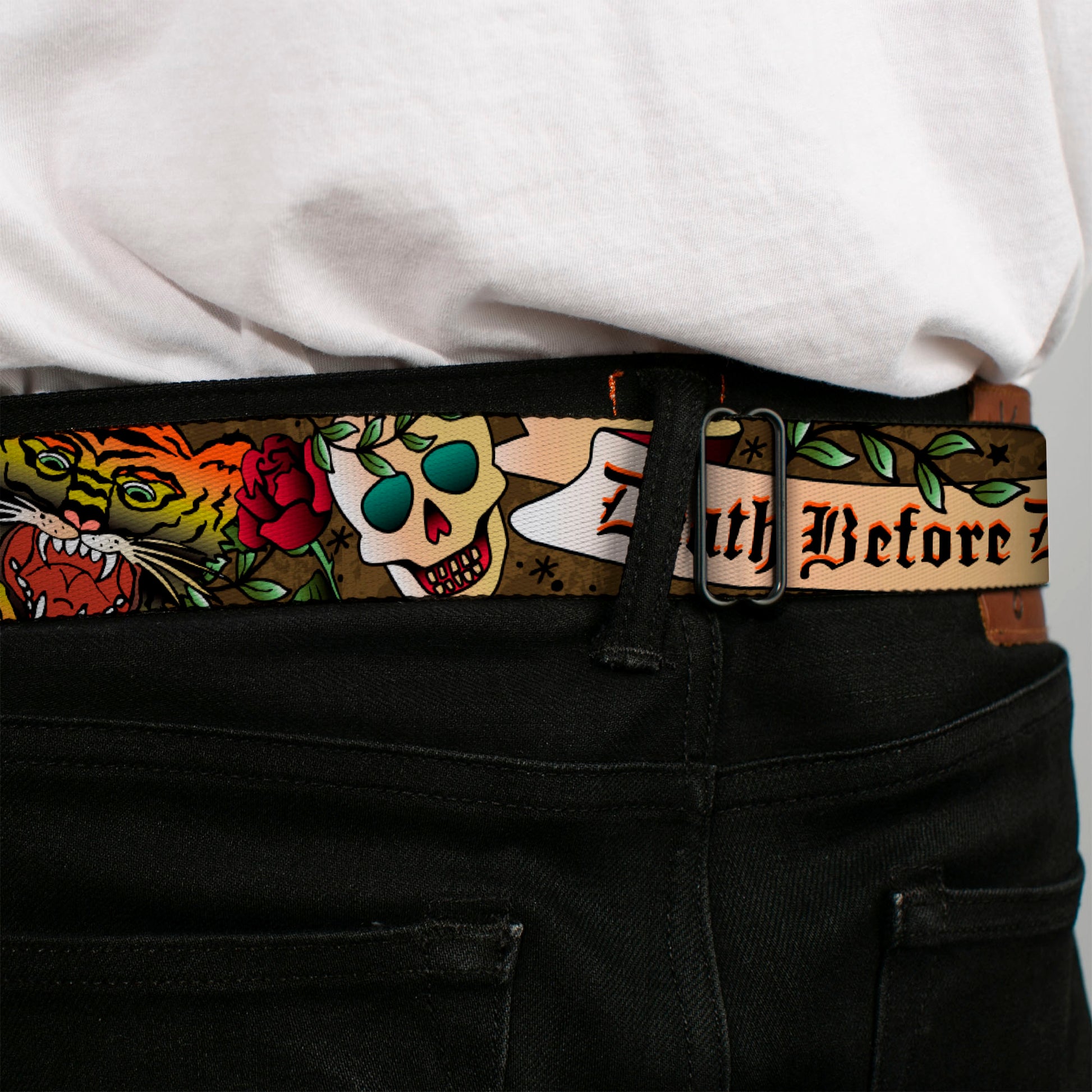 BD Wings Logo CLOSE-UP Full Color Black Silver Seatbelt Belt - Death Before Dishonor Olive Webbing Seatbelt Belts Buckle-Down