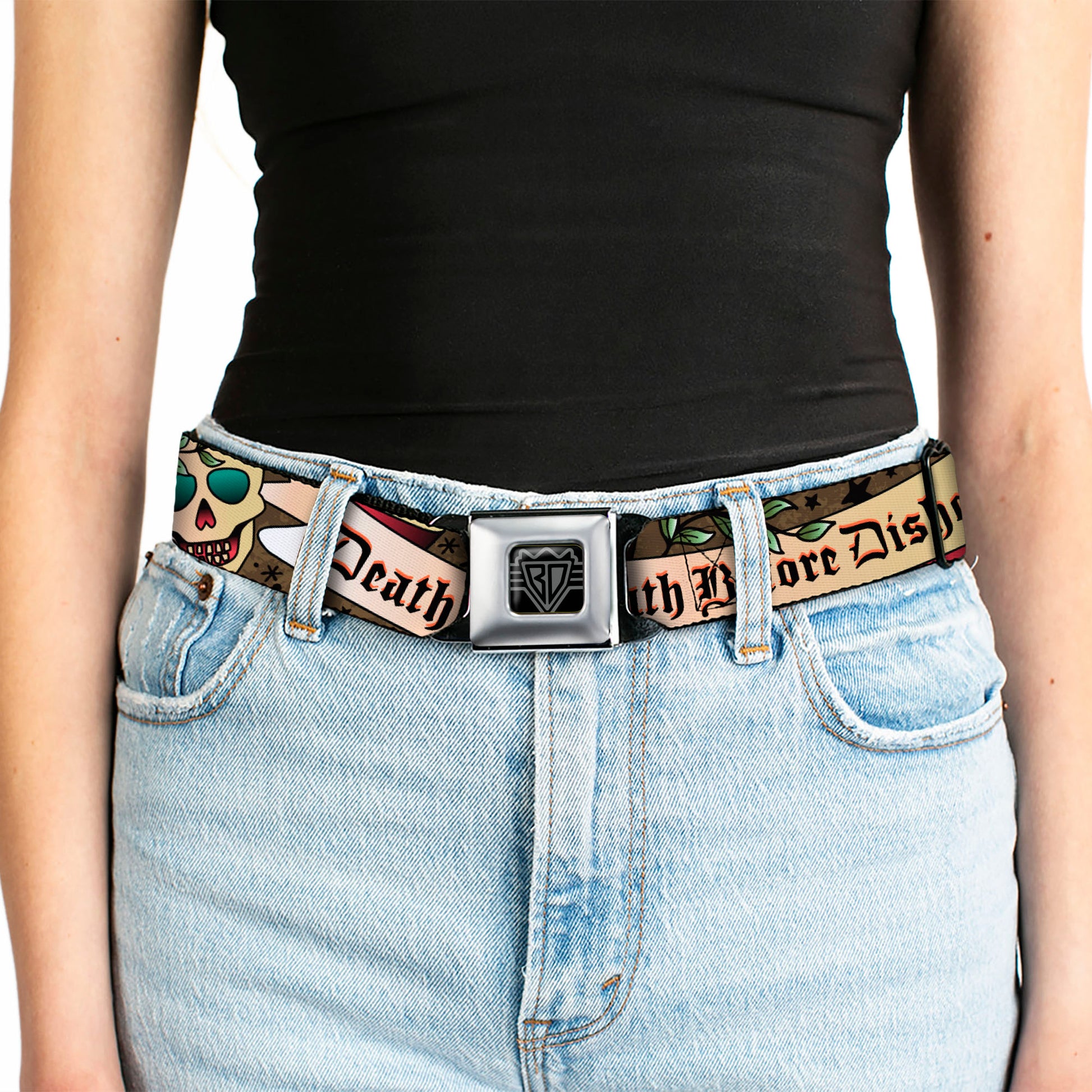 BD Wings Logo CLOSE-UP Full Color Black Silver Seatbelt Belt - Death Before Dishonor Olive Webbing Seatbelt Belts Buckle-Down