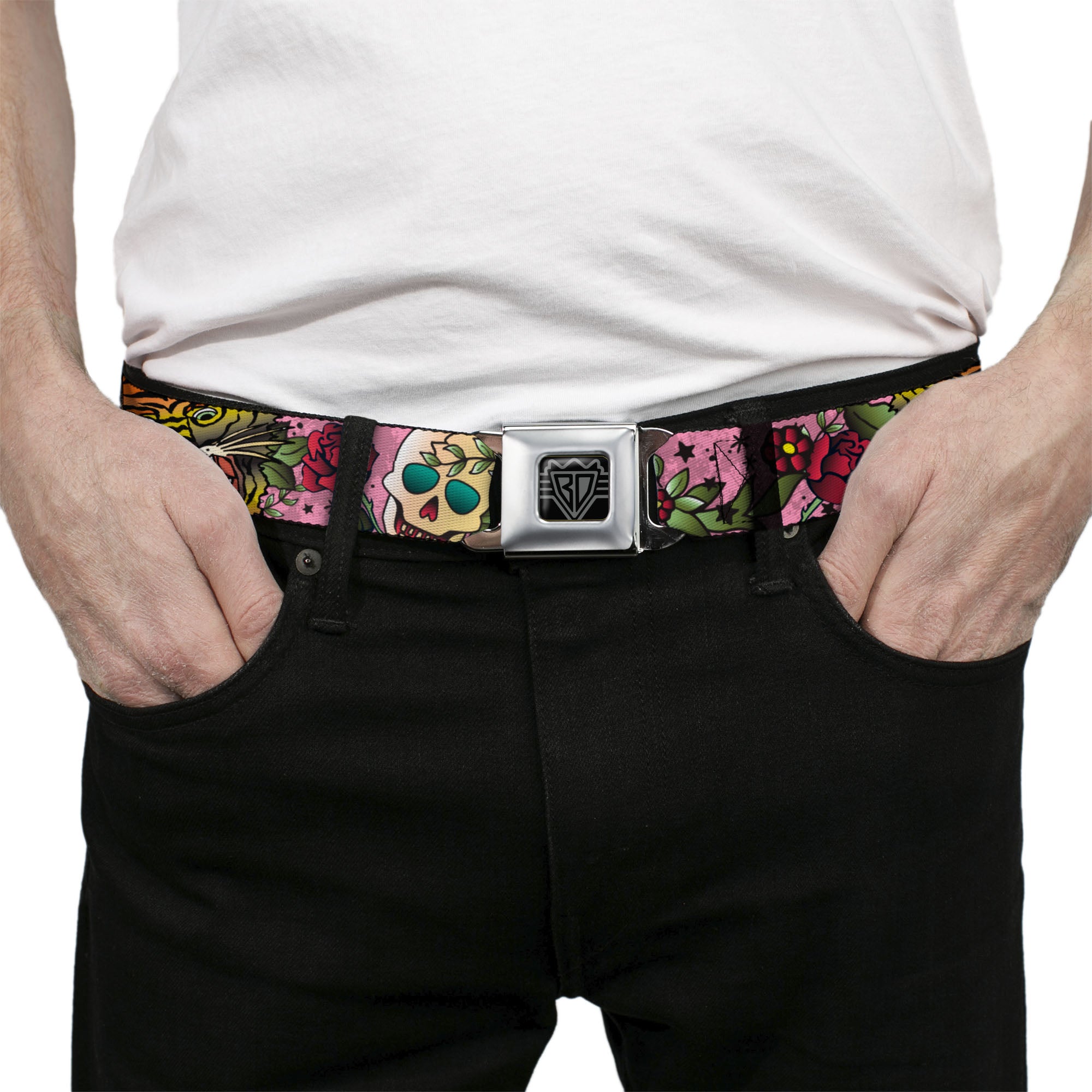 BD Wings Logo CLOSE-UP Full Color Black Silver Seatbelt Belt - Death Before Dishonor Pink Webbing Seatbelt Belts Buckle-Down
