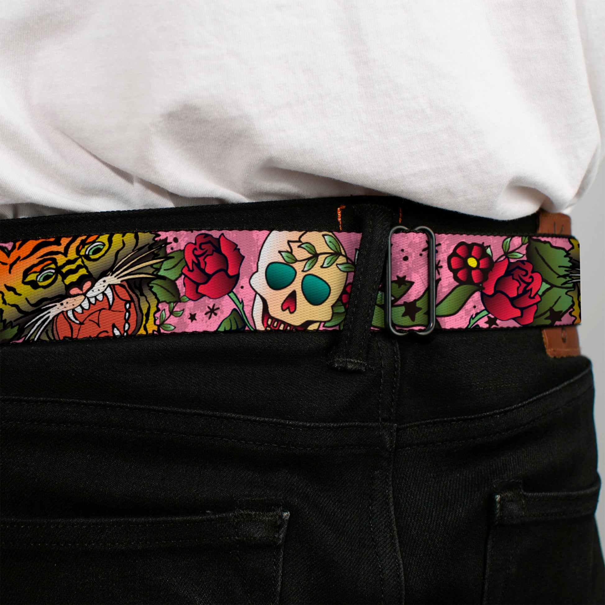 BD Wings Logo CLOSE-UP Full Color Black Silver Seatbelt Belt - Death Before Dishonor Pink Webbing Seatbelt Belts Buckle-Down