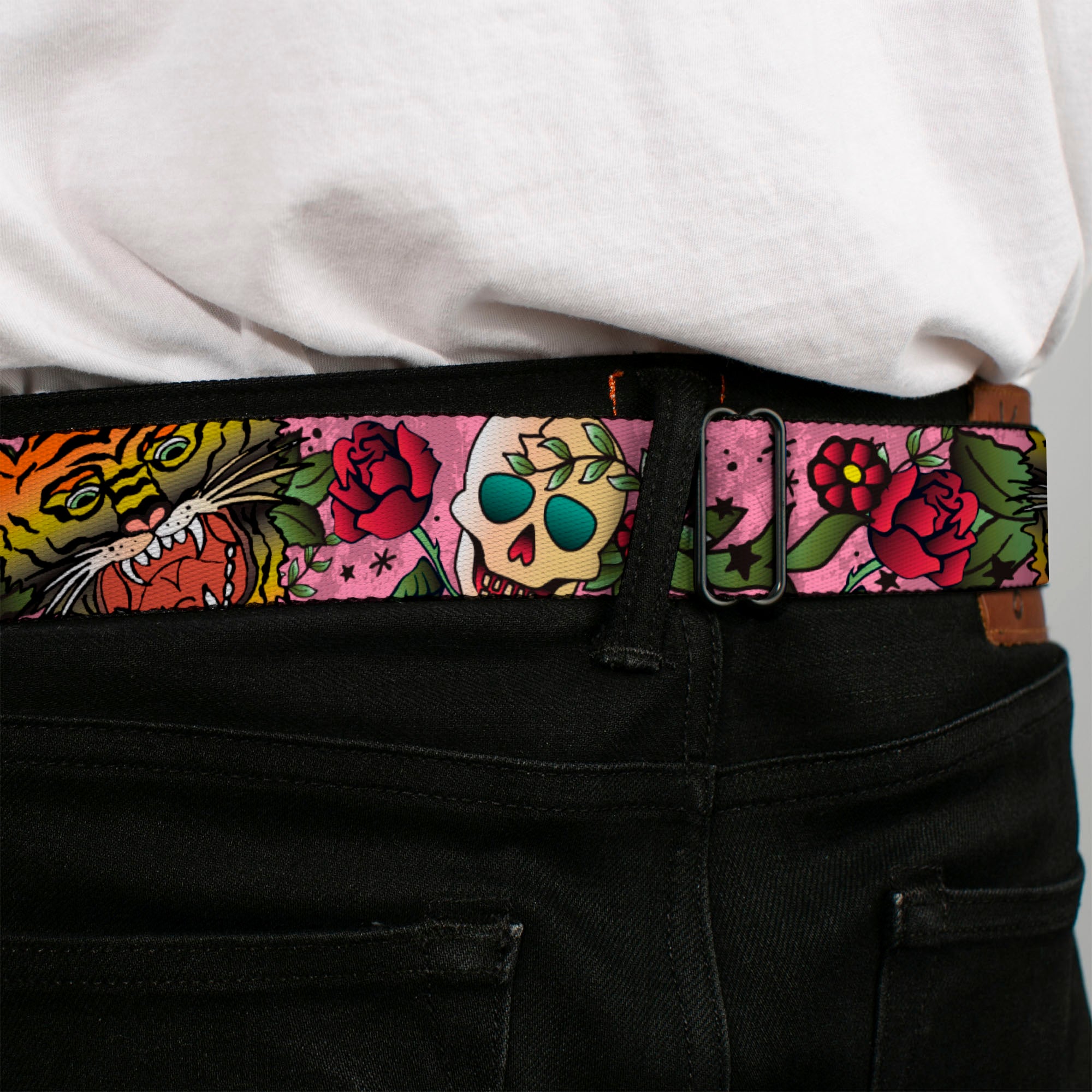 BD Wings Logo CLOSE-UP Full Color Black Silver Seatbelt Belt - Death Before Dishonor Pink Webbing Seatbelt Belts Buckle-Down