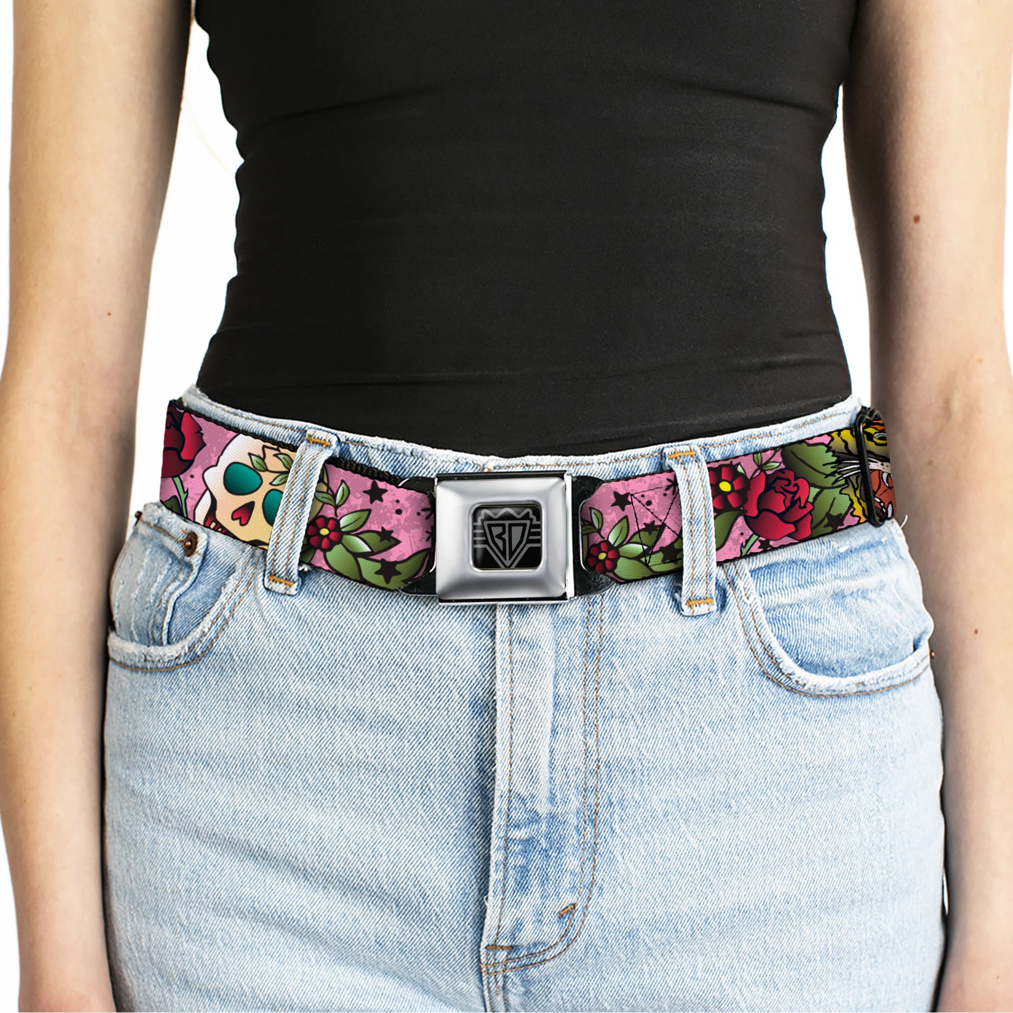 BD Wings Logo CLOSE-UP Full Color Black Silver Seatbelt Belt - Death Before Dishonor Pink Webbing Seatbelt Belts Buckle-Down