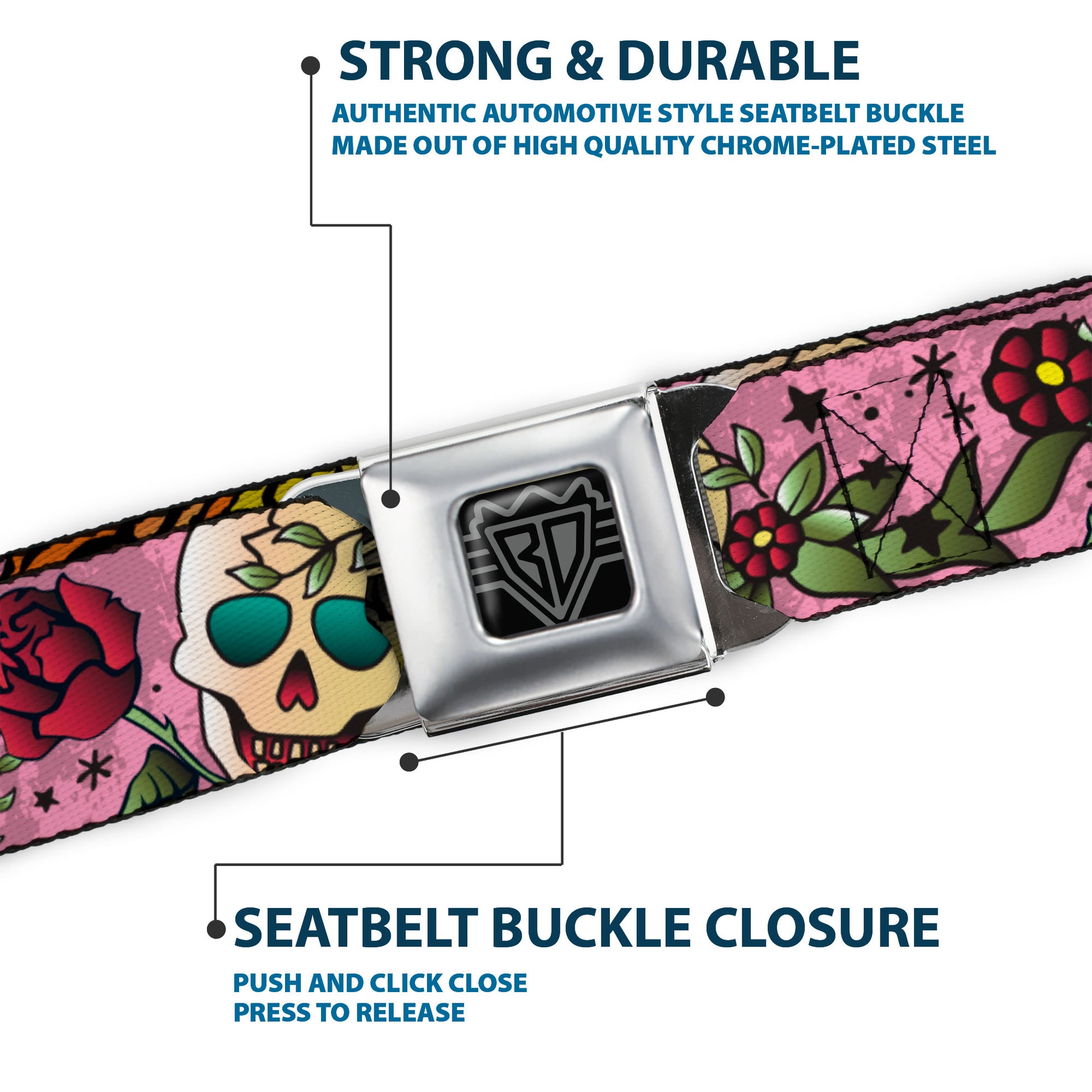 BD Wings Logo CLOSE-UP Full Color Black Silver Seatbelt Belt - Death Before Dishonor Pink Webbing Seatbelt Belts Buckle-Down