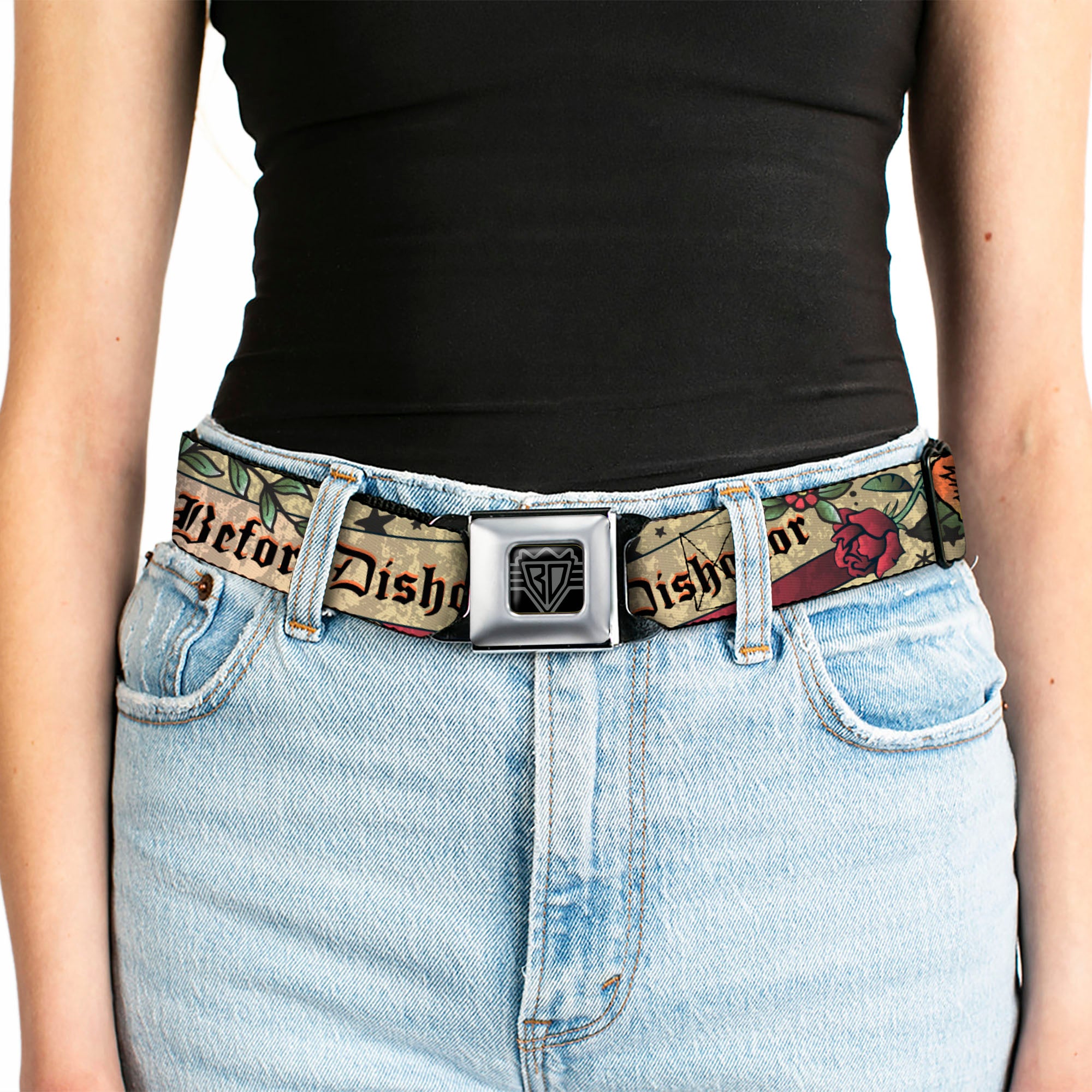 BD Wings Logo CLOSE-UP Full Color Black Silver Seatbelt Belt - Death Before Dishonor Tan Webbing Seatbelt Belts Buckle-Down