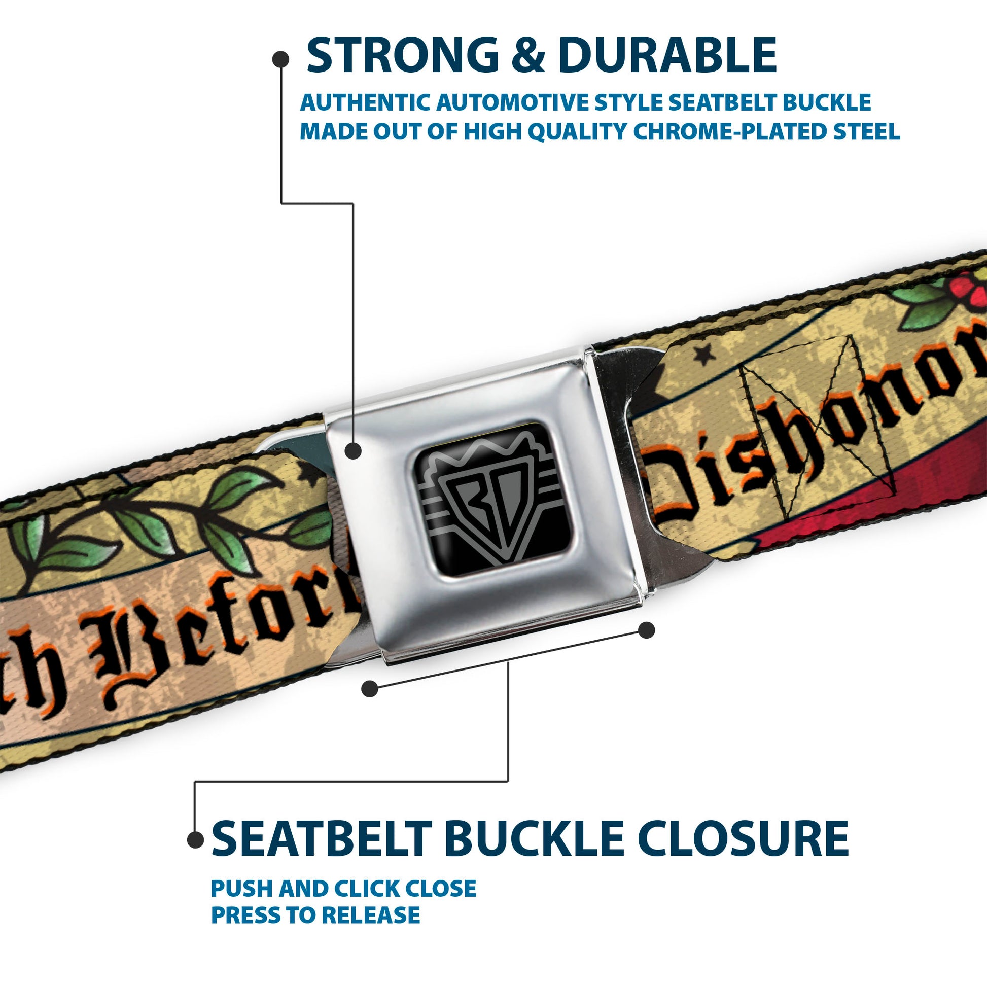 BD Wings Logo CLOSE-UP Full Color Black Silver Seatbelt Belt - Death Before Dishonor Tan Webbing Seatbelt Belts Buckle-Down