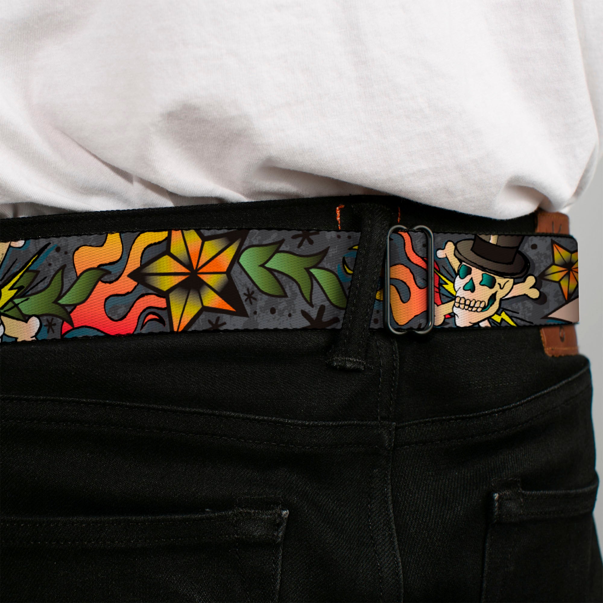 BD Wings Logo CLOSE-UP Full Color Black Silver Seatbelt Belt - Death or Glory Gray Webbing Seatbelt Belts Buckle-Down