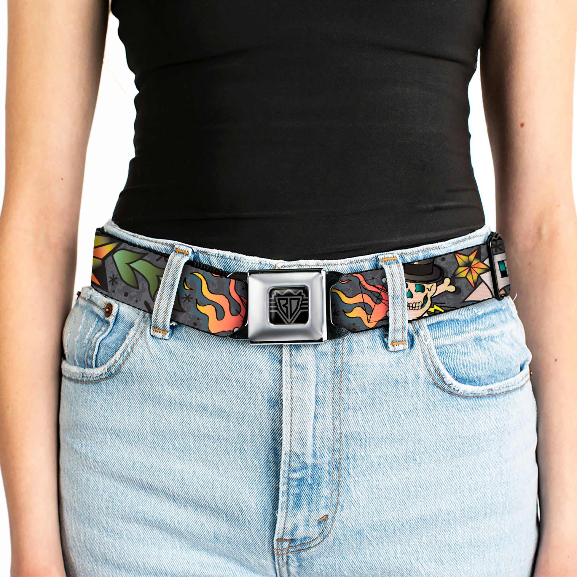 BD Wings Logo CLOSE-UP Full Color Black Silver Seatbelt Belt - Death or Glory Gray Webbing Seatbelt Belts Buckle-Down
