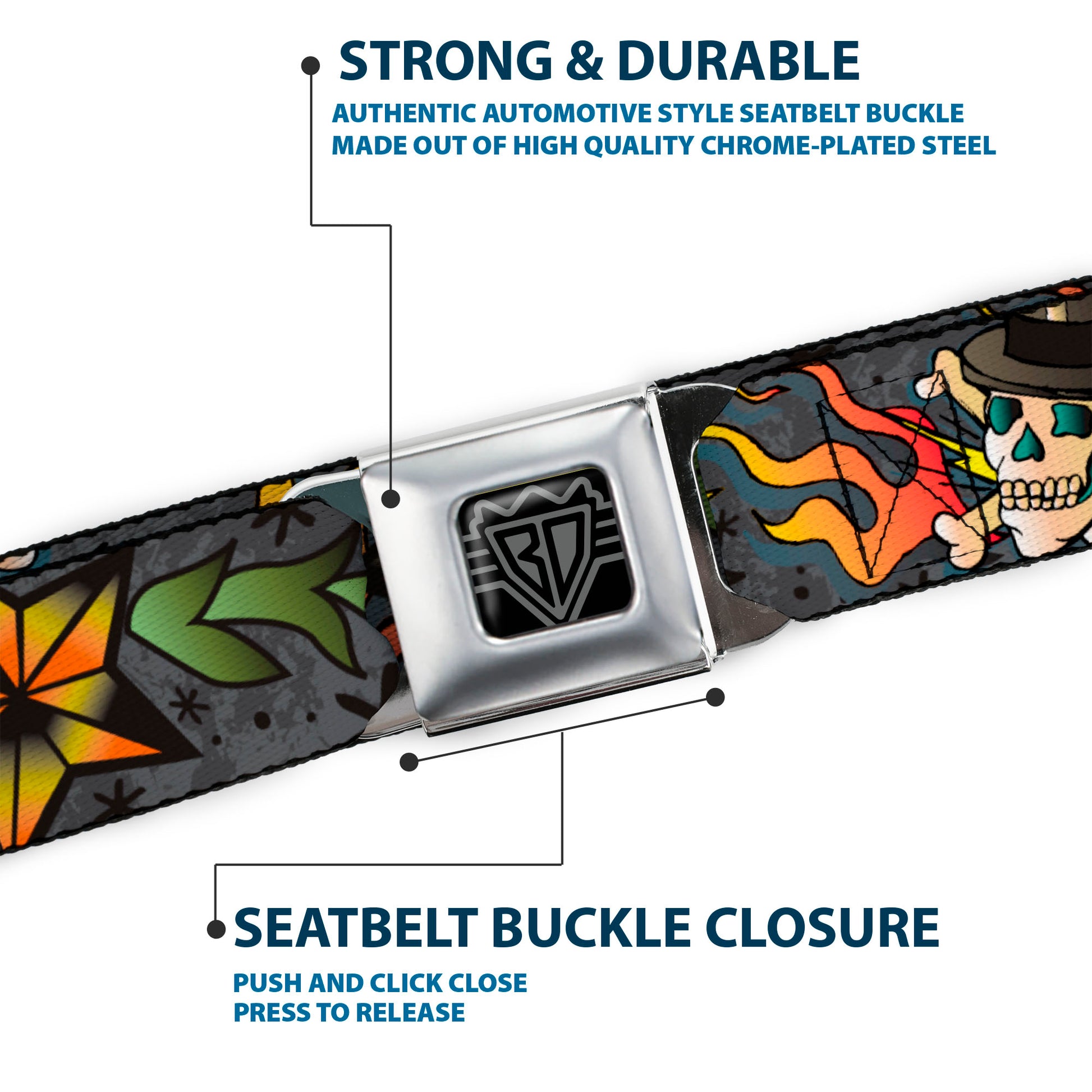 BD Wings Logo CLOSE-UP Full Color Black Silver Seatbelt Belt - Death or Glory Gray Webbing Seatbelt Belts Buckle-Down