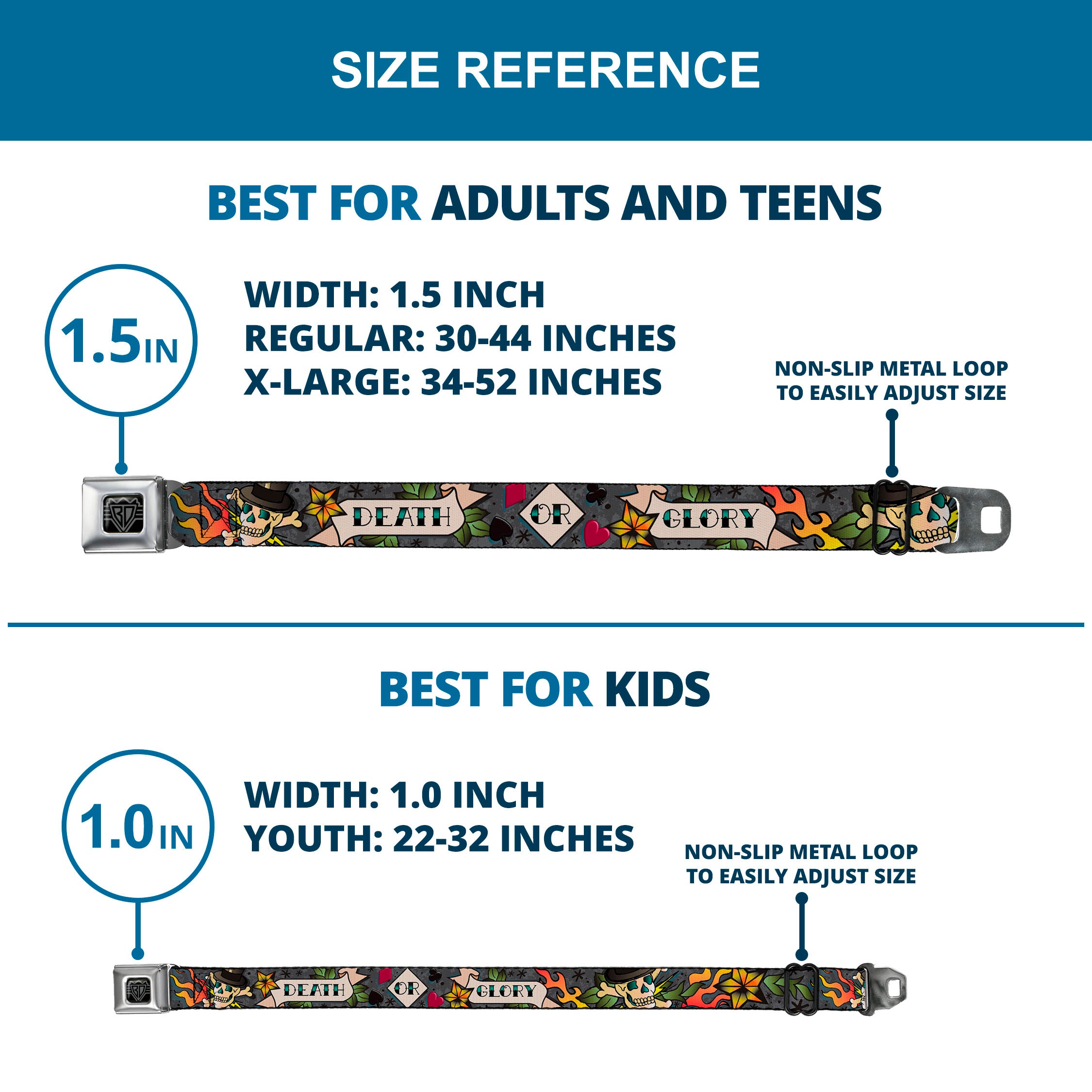 BD Wings Logo CLOSE-UP Full Color Black Silver Seatbelt Belt - Death or Glory Gray Webbing Seatbelt Belts Buckle-Down