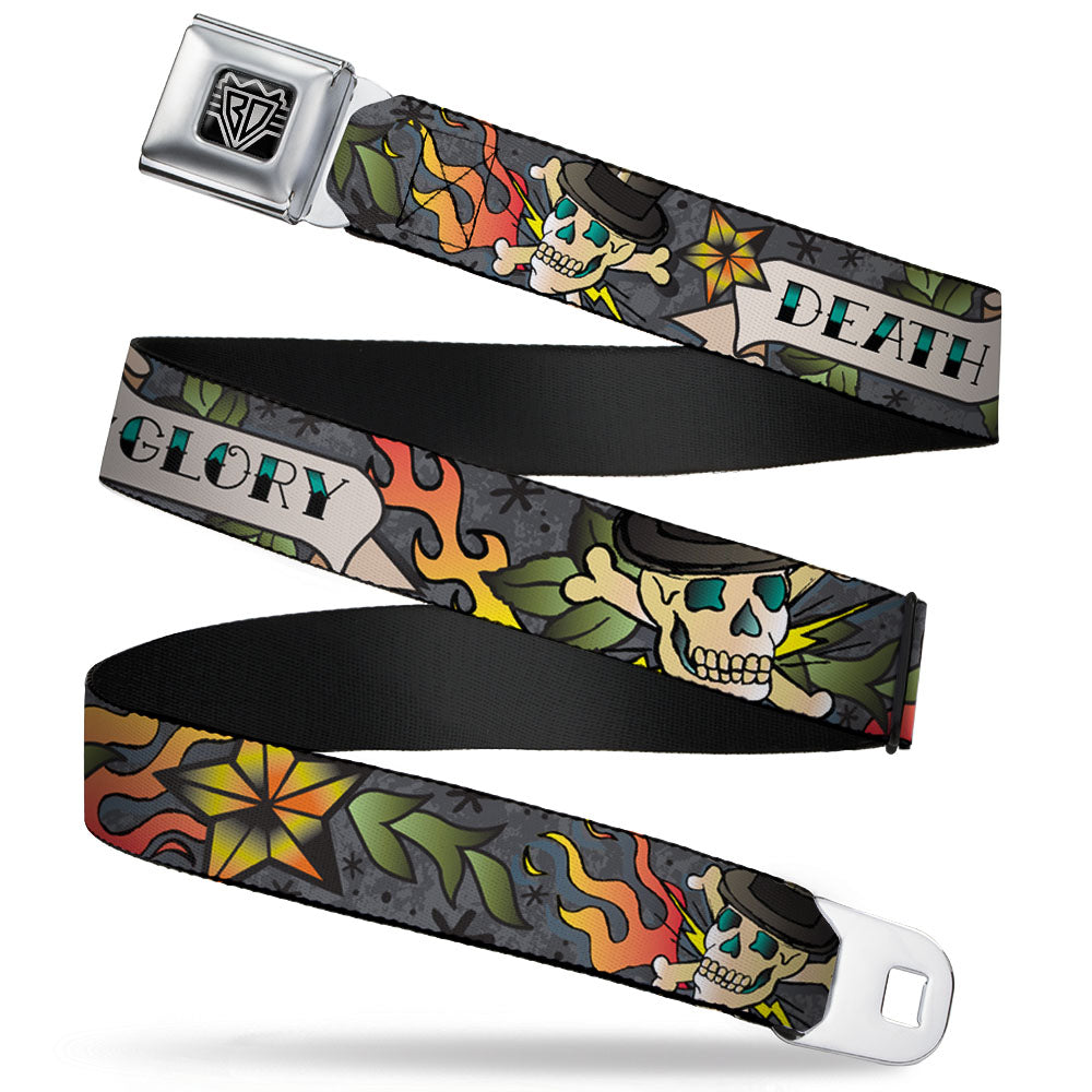 BD Wings Logo CLOSE-UP Full Color Black Silver Seatbelt Belt - Death or Glory Gray Webbing Seatbelt Belts Buckle-Down