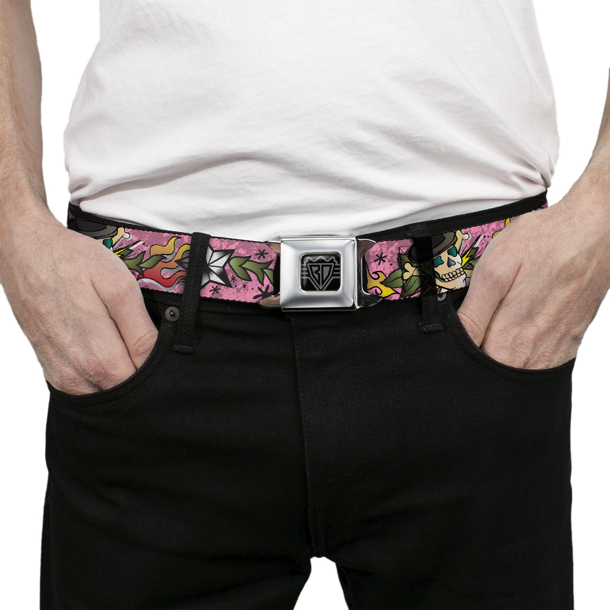 BD Wings Logo CLOSE-UP Full Color Black Silver Seatbelt Belt - Death or Glory Pink Webbing Seatbelt Belts Buckle-Down