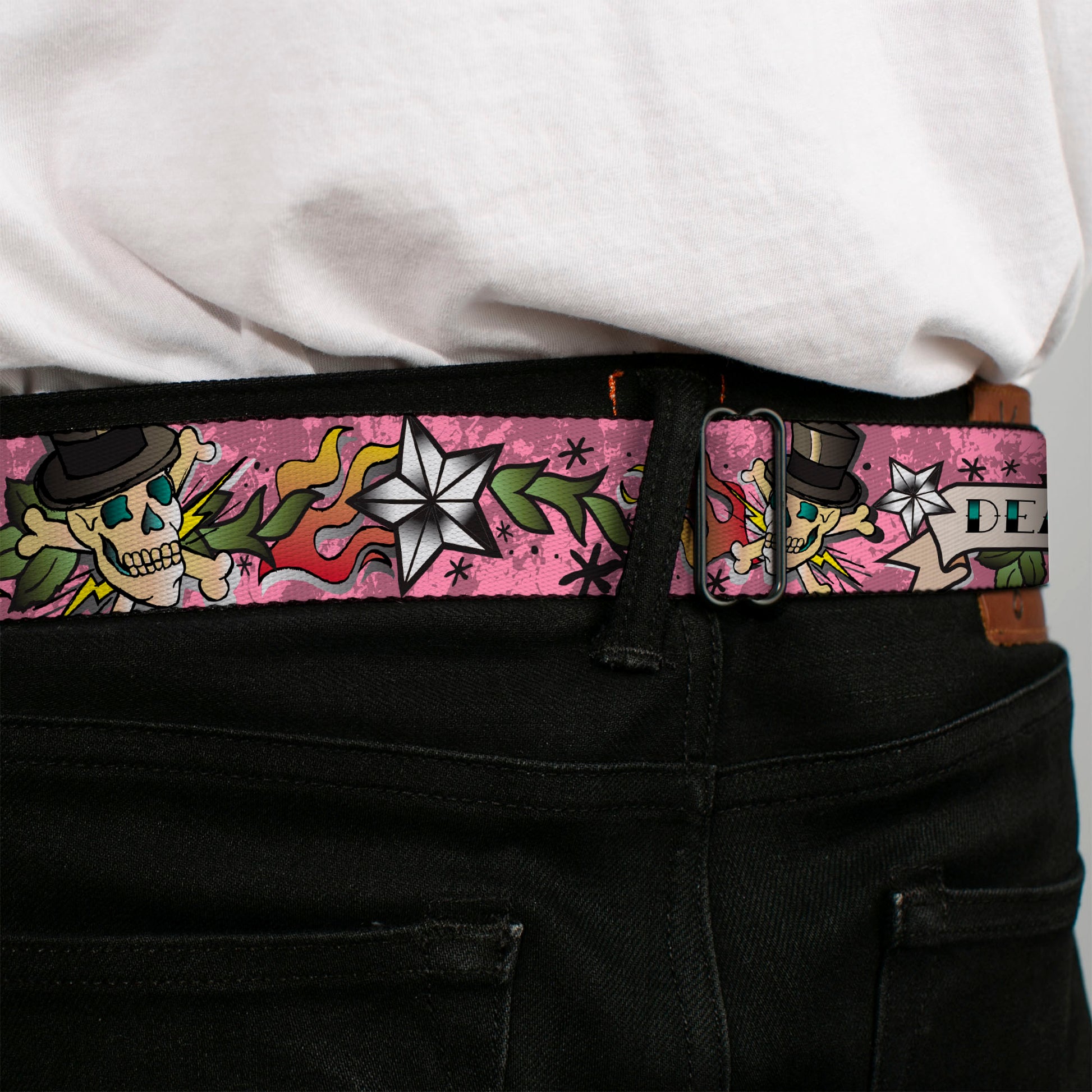 BD Wings Logo CLOSE-UP Full Color Black Silver Seatbelt Belt - Death or Glory Pink Webbing Seatbelt Belts Buckle-Down