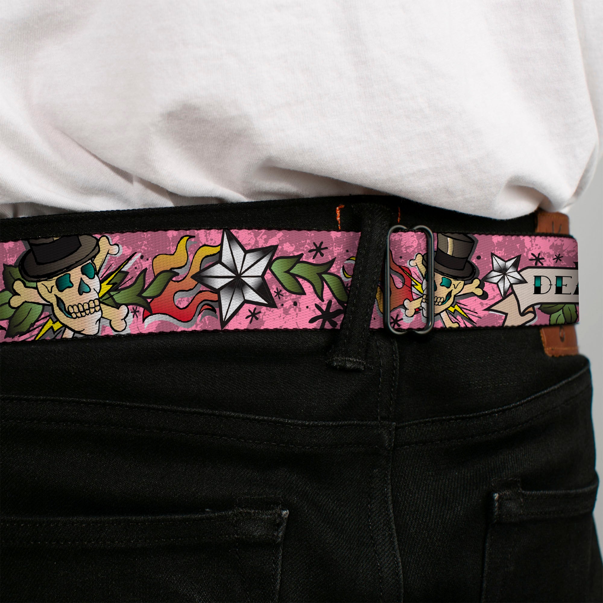 BD Wings Logo CLOSE-UP Full Color Black Silver Seatbelt Belt - Death or Glory Pink Webbing Seatbelt Belts Buckle-Down