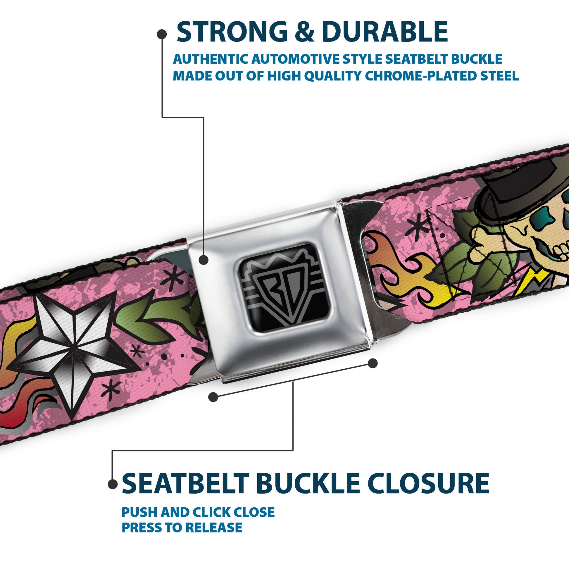 BD Wings Logo CLOSE-UP Full Color Black Silver Seatbelt Belt - Death or Glory Pink Webbing Seatbelt Belts Buckle-Down