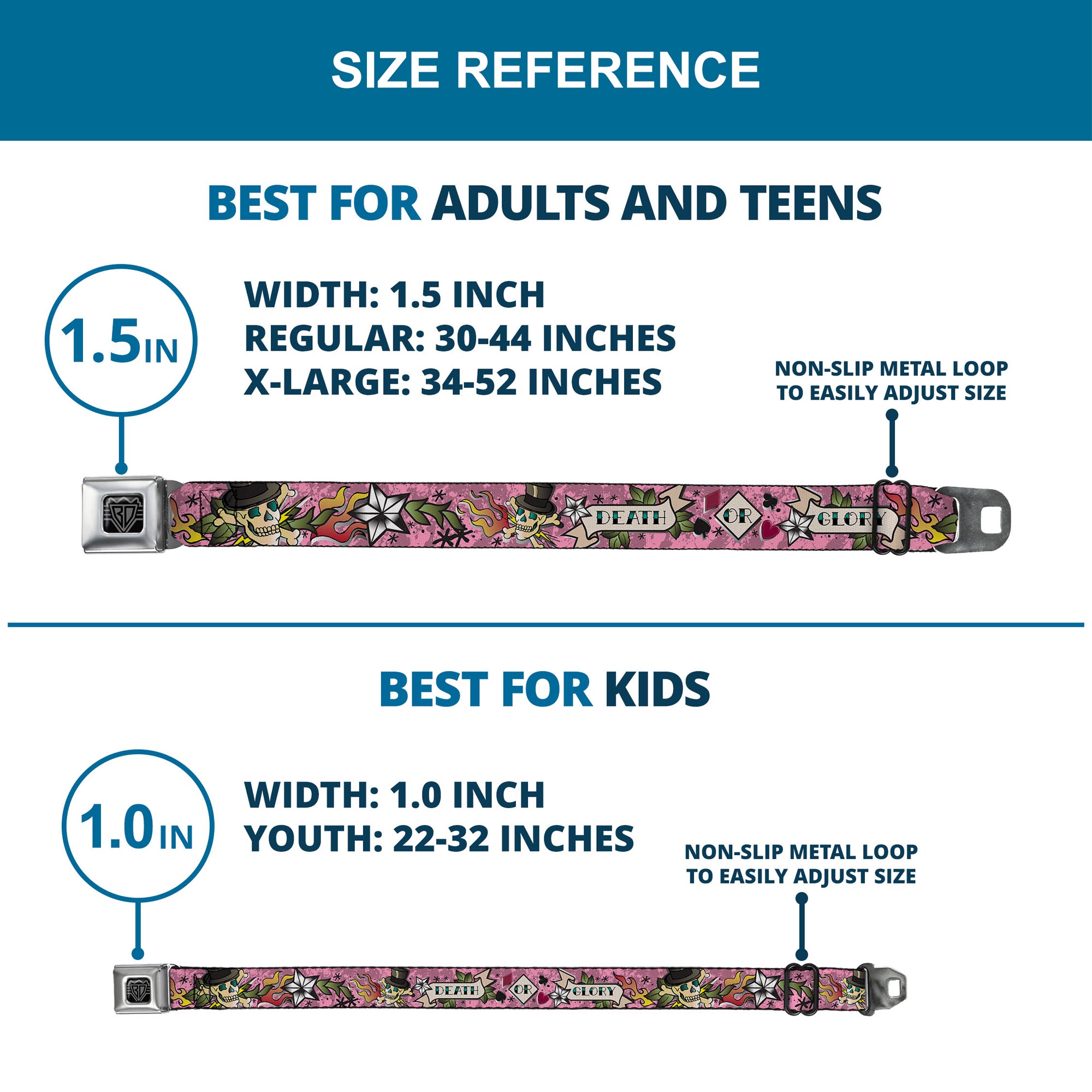 BD Wings Logo CLOSE-UP Full Color Black Silver Seatbelt Belt - Death or Glory Pink Webbing Seatbelt Belts Buckle-Down