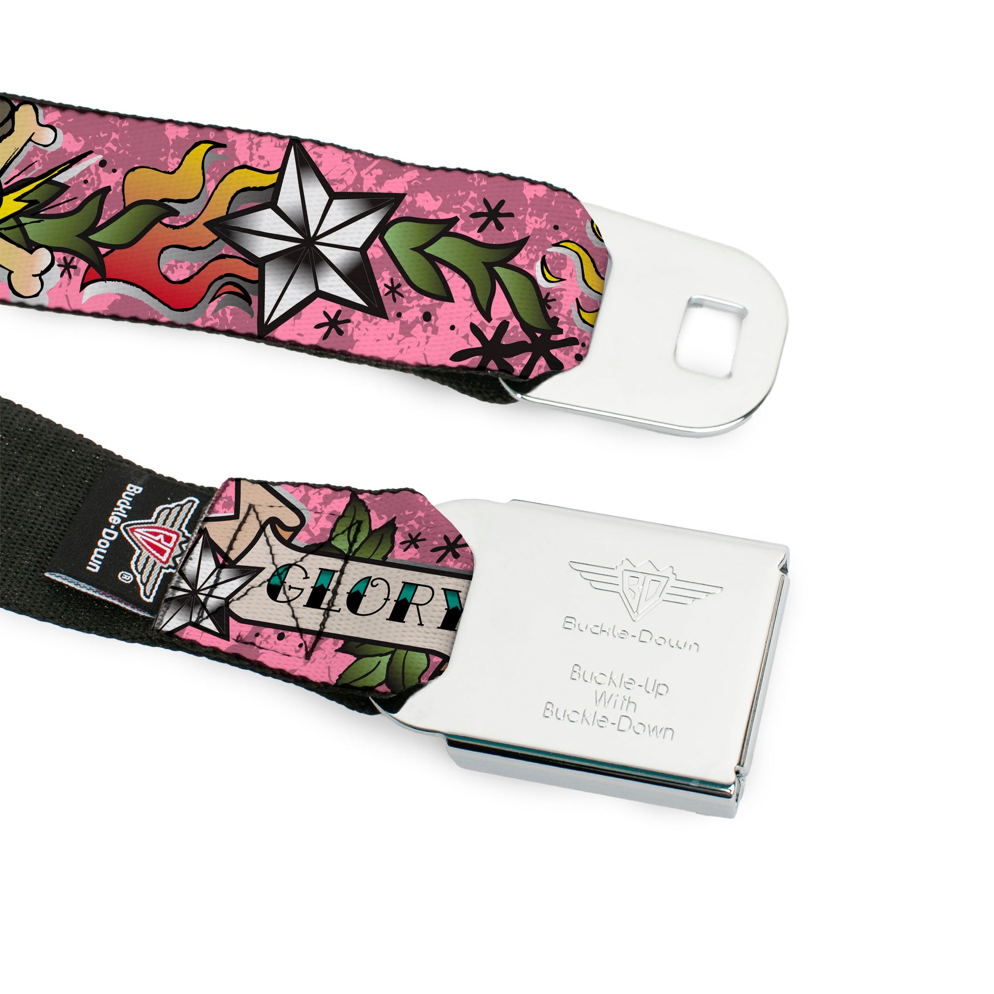 BD Wings Logo CLOSE-UP Full Color Black Silver Seatbelt Belt - Death or Glory Pink Webbing Seatbelt Belts Buckle-Down