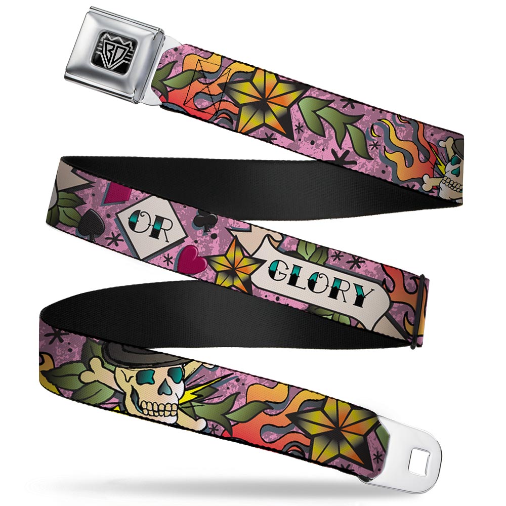 BD Wings Logo CLOSE-UP Full Color Black Silver Seatbelt Belt - Death or Glory Pink Webbing Seatbelt Belts Buckle-Down