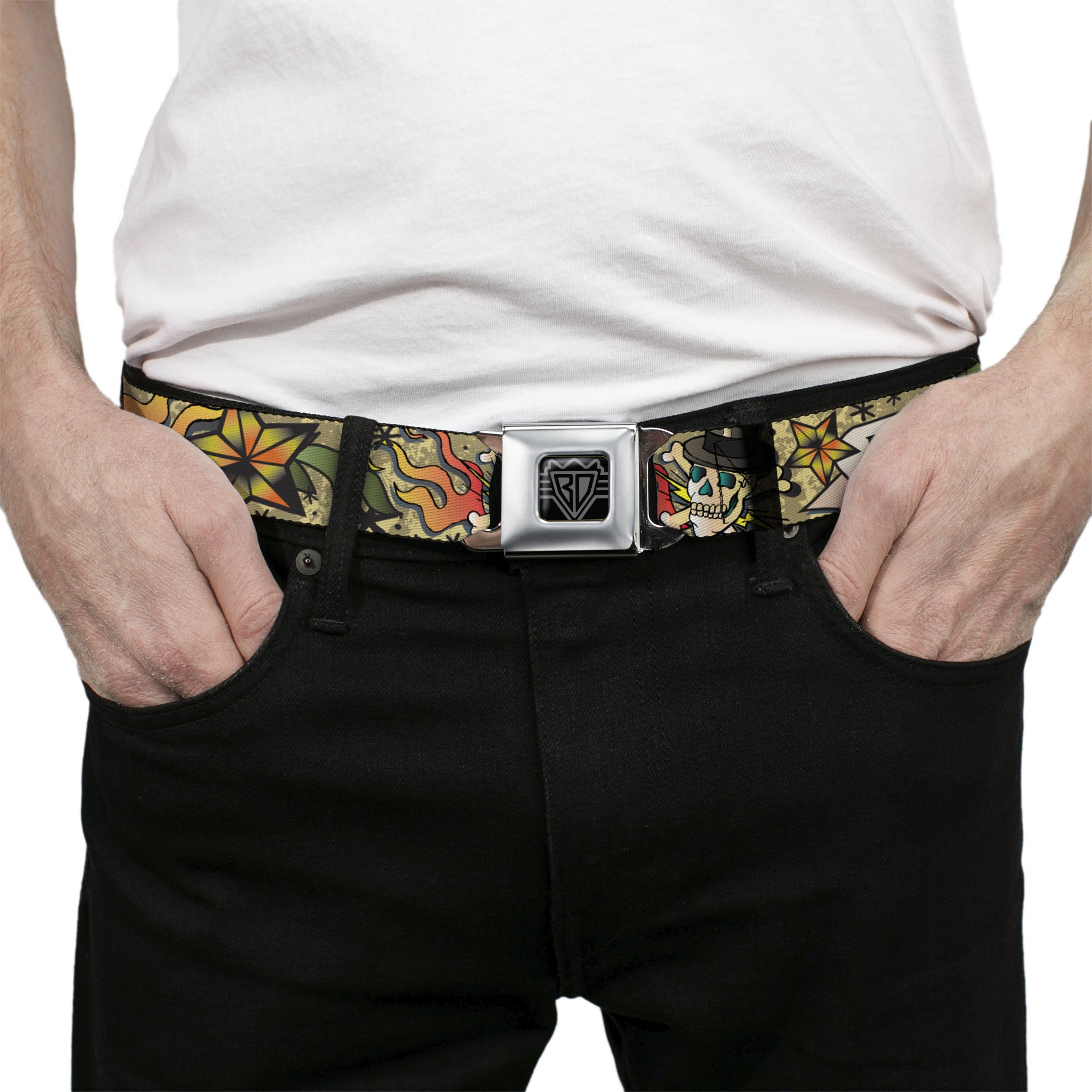 BD Wings Logo CLOSE-UP Full Color Black Silver Seatbelt Belt - Death or Glory Tan Webbing Seatbelt Belts Buckle-Down