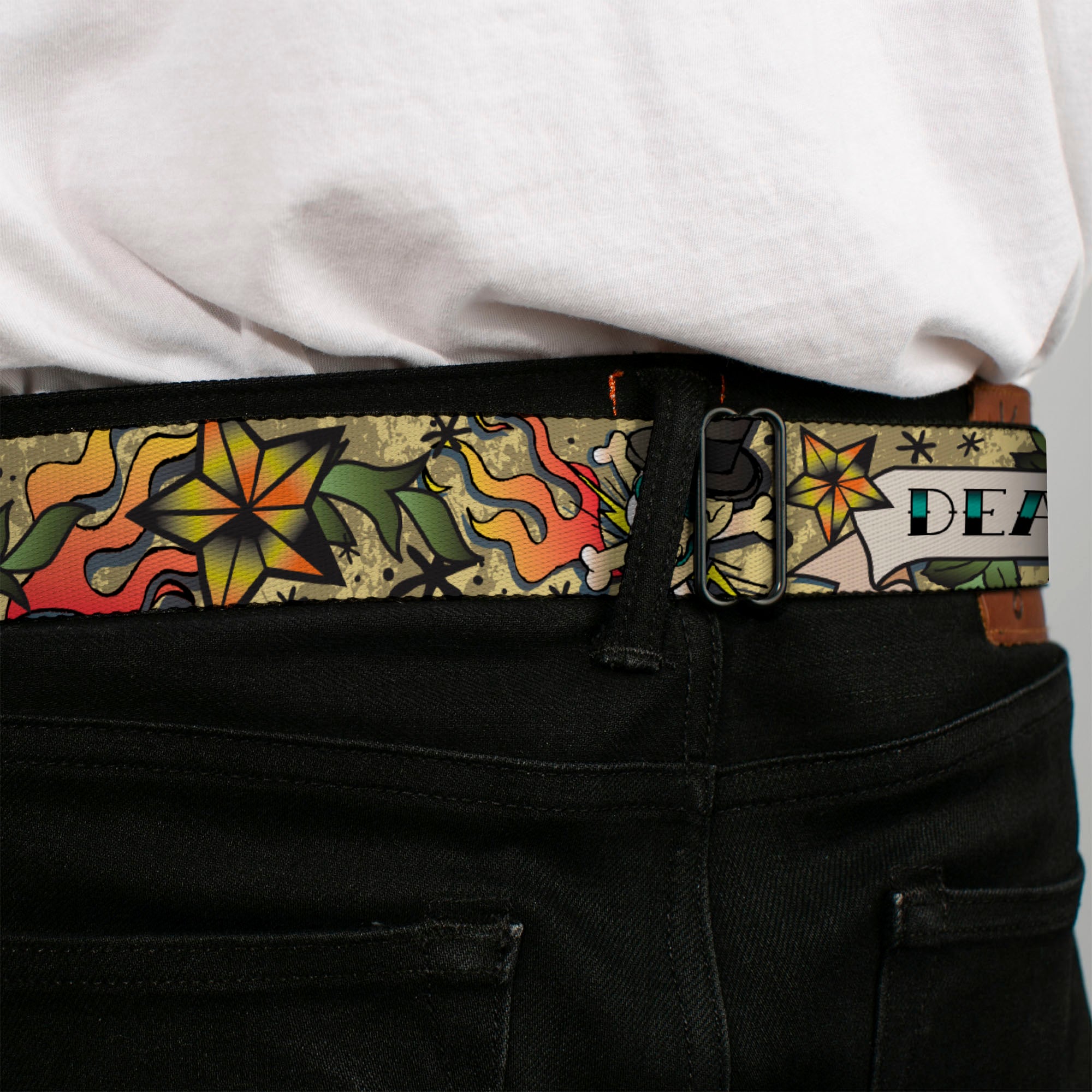 BD Wings Logo CLOSE-UP Full Color Black Silver Seatbelt Belt - Death or Glory Tan Webbing Seatbelt Belts Buckle-Down