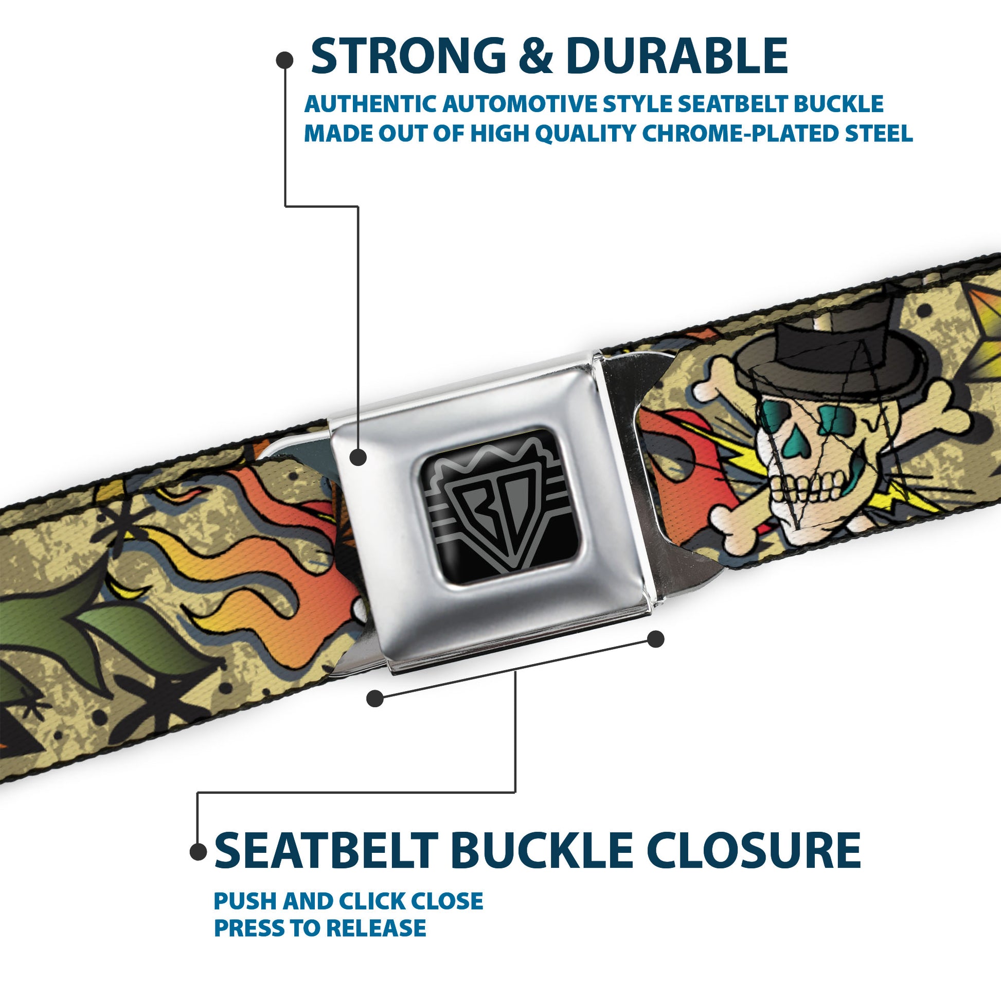 BD Wings Logo CLOSE-UP Full Color Black Silver Seatbelt Belt - Death or Glory Tan Webbing Seatbelt Belts Buckle-Down