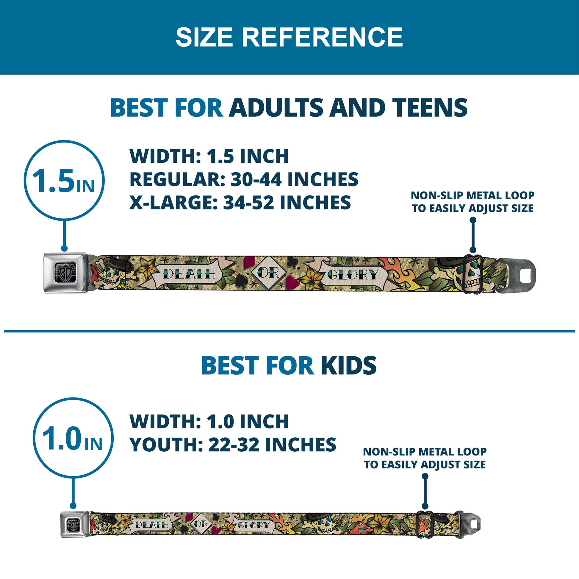 BD Wings Logo CLOSE-UP Full Color Black Silver Seatbelt Belt - Death or Glory Tan Webbing Seatbelt Belts Buckle-Down