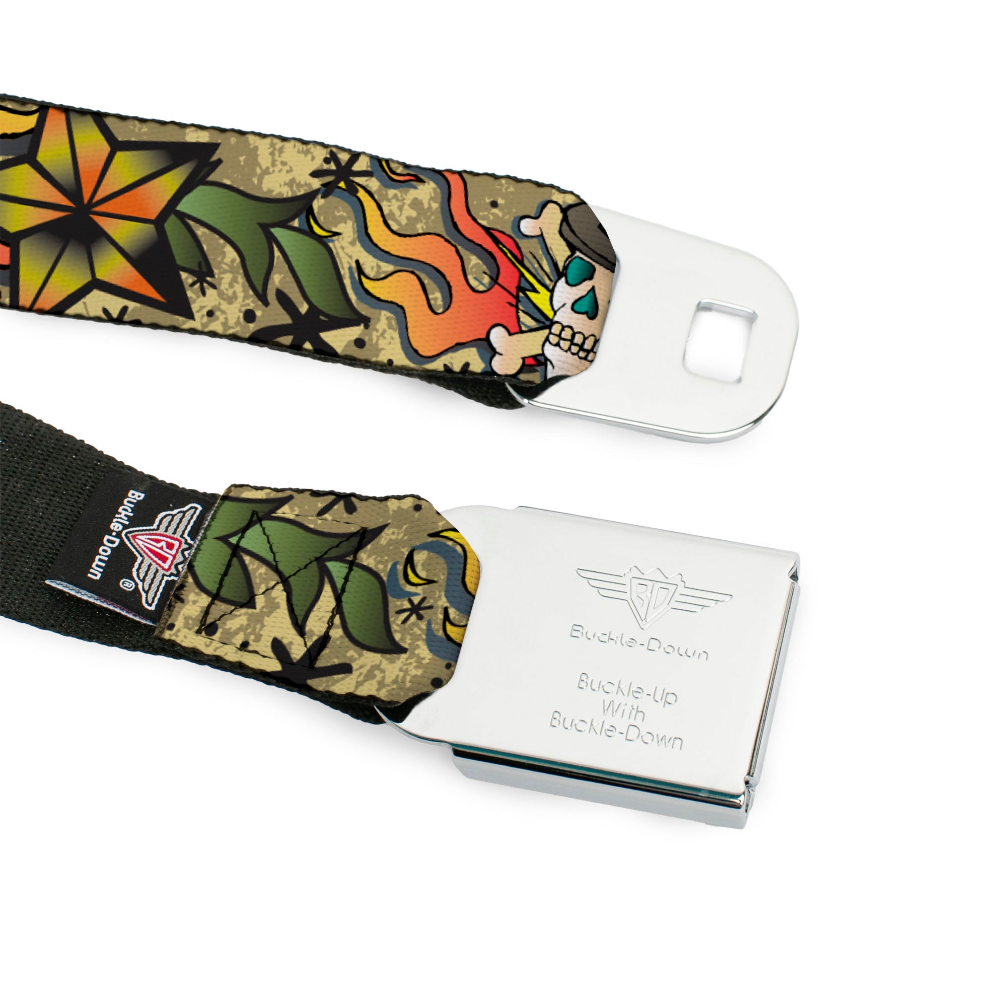 BD Wings Logo CLOSE-UP Full Color Black Silver Seatbelt Belt - Death or Glory Tan Webbing Seatbelt Belts Buckle-Down