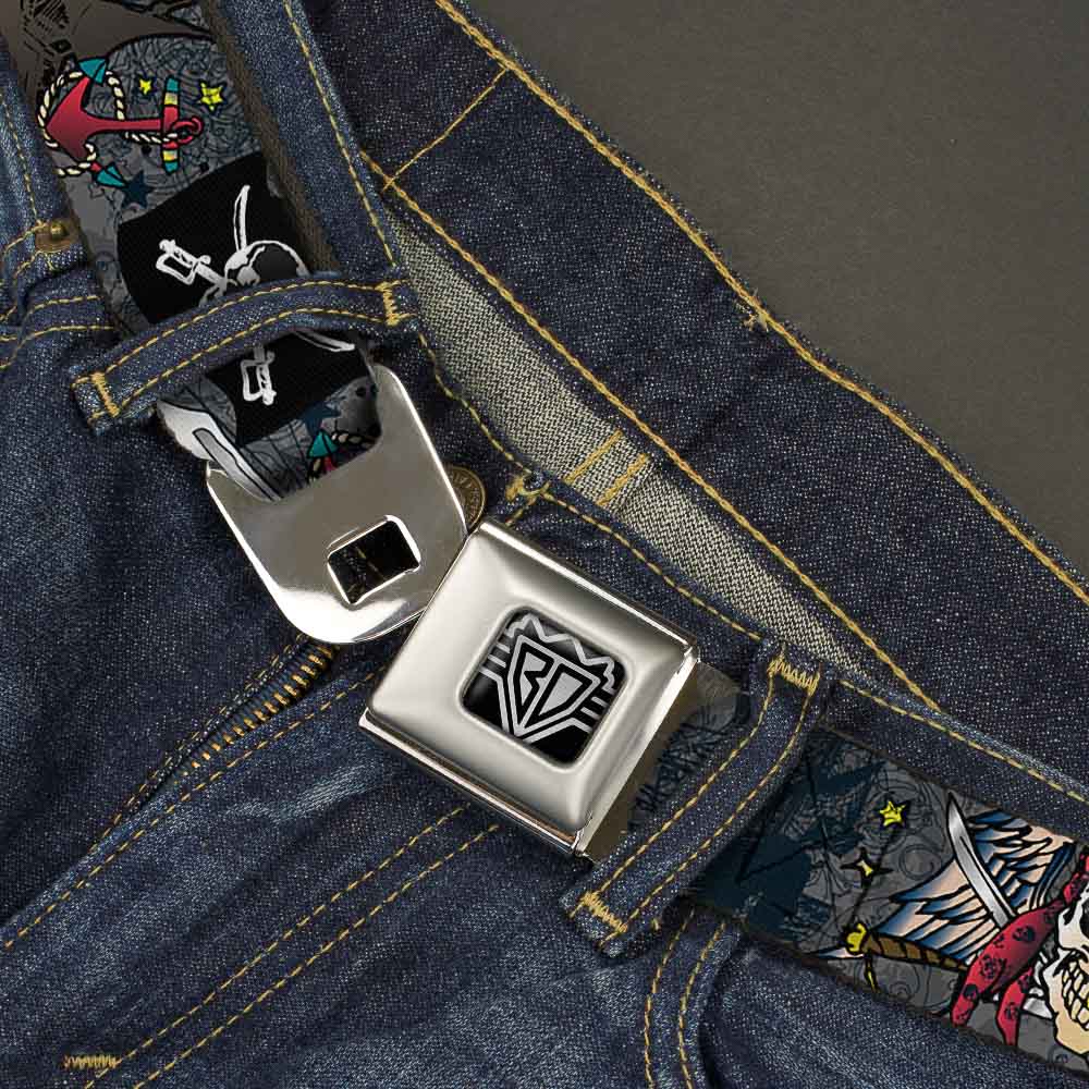 BD Wings Logo CLOSE-UP Full Color Black Silver Seatbelt Belt - Dead Men Tell No Tales Gray Webbing Seatbelt Belts Buckle-Down