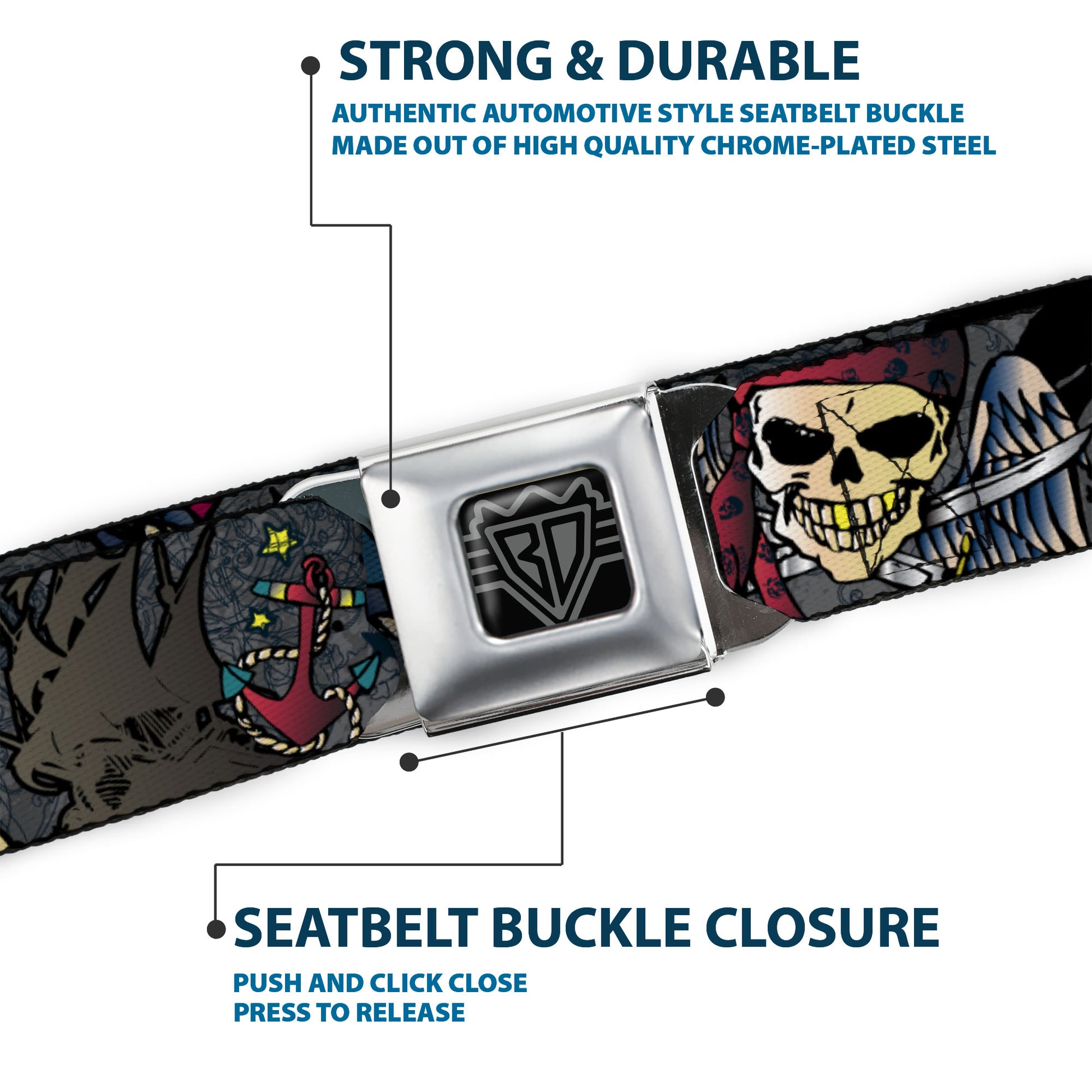 BD Wings Logo CLOSE-UP Full Color Black Silver Seatbelt Belt - Dead Men Tell No Tales Gray Webbing Seatbelt Belts Buckle-Down