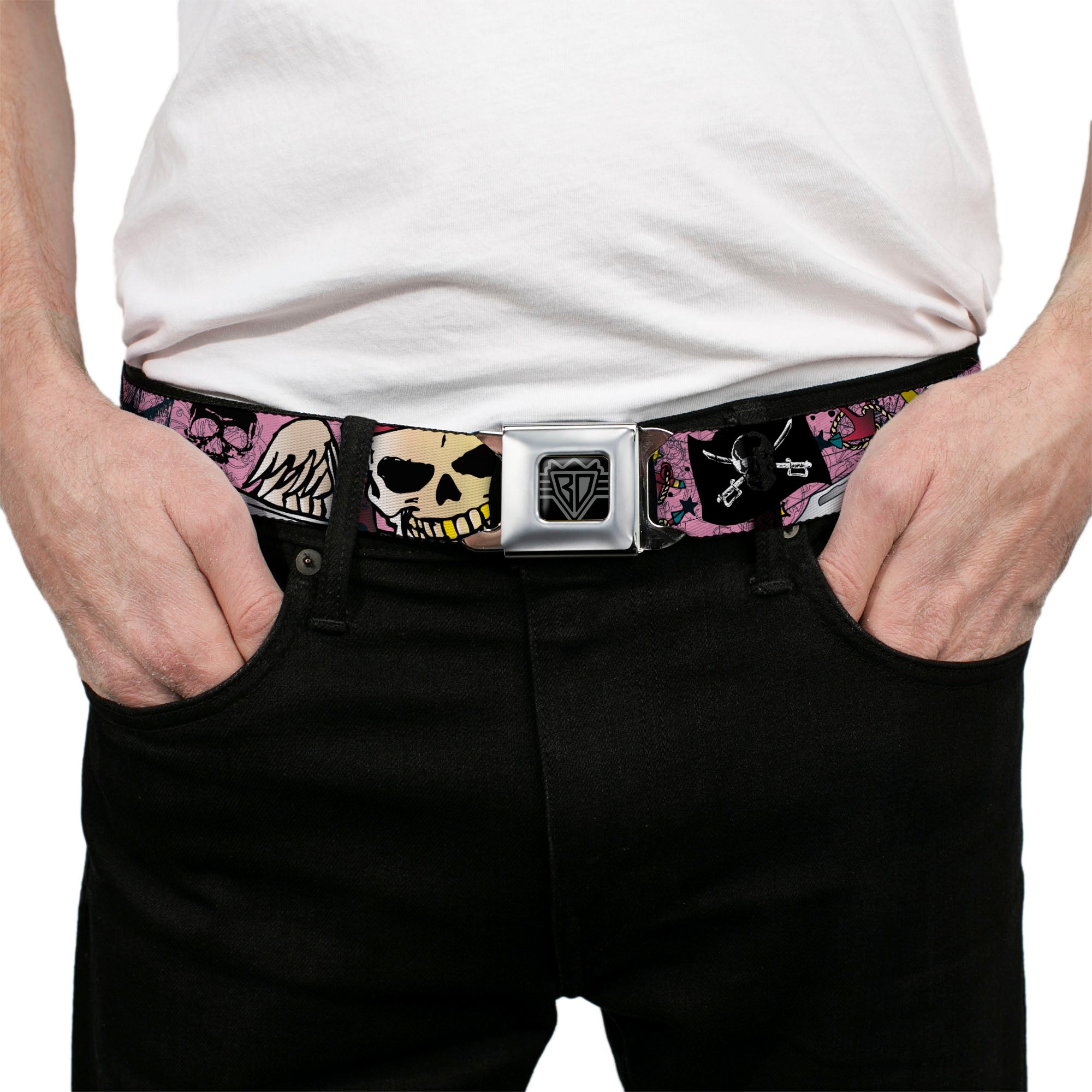 BD Wings Logo CLOSE-UP Full Color Black Silver Seatbelt Belt - Dead Men Tell No Tales Pink Webbing Seatbelt Belts Buckle-Down
