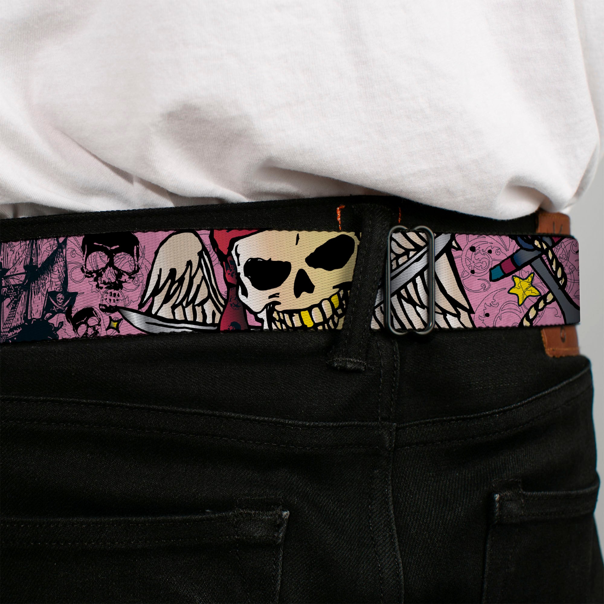 BD Wings Logo CLOSE-UP Full Color Black Silver Seatbelt Belt - Dead Men Tell No Tales Pink Webbing Seatbelt Belts Buckle-Down