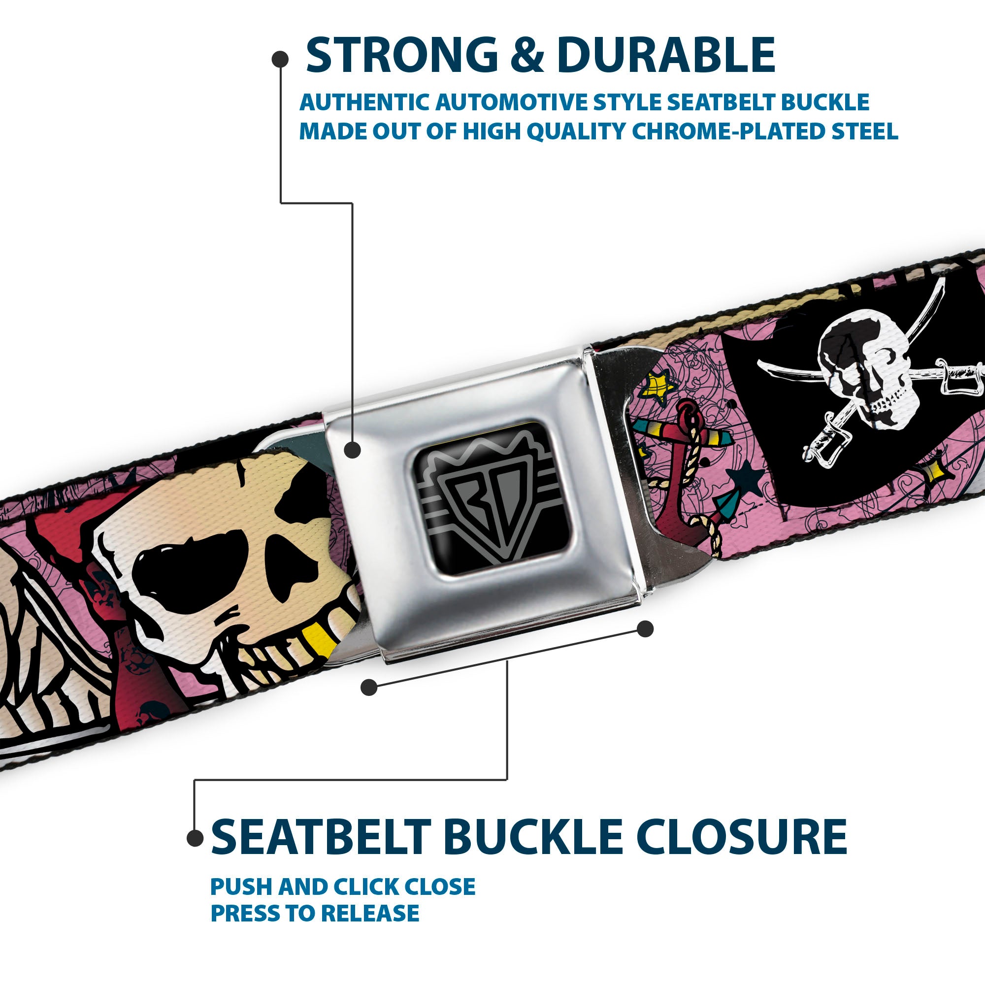 BD Wings Logo CLOSE-UP Full Color Black Silver Seatbelt Belt - Dead Men Tell No Tales Pink Webbing Seatbelt Belts Buckle-Down