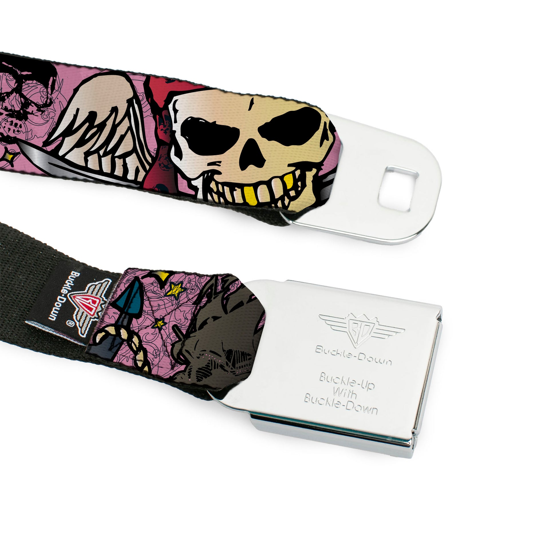 BD Wings Logo CLOSE-UP Full Color Black Silver Seatbelt Belt - Dead Men Tell No Tales Pink Webbing Seatbelt Belts Buckle-Down