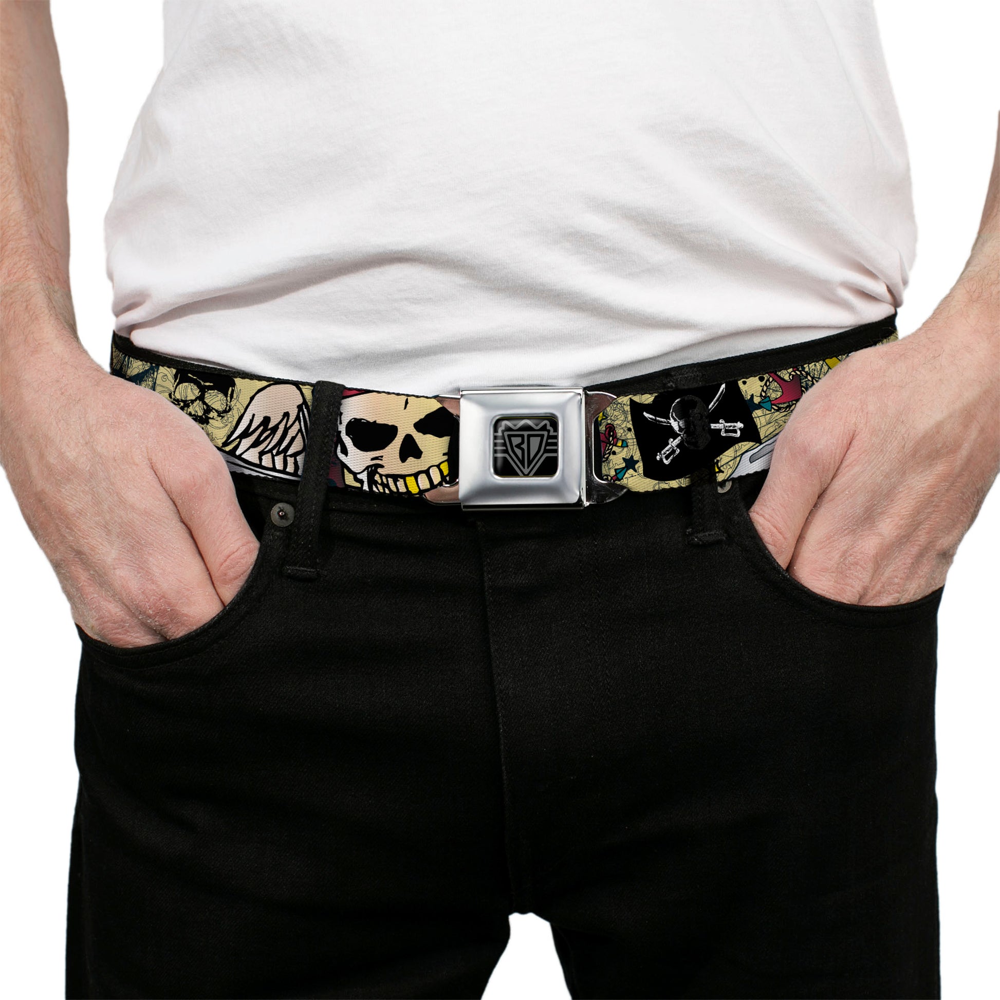 BD Wings Logo CLOSE-UP Full Color Black Silver Seatbelt Belt - Dead Men Tell No Tales Tan Webbing Seatbelt Belts Buckle-Down